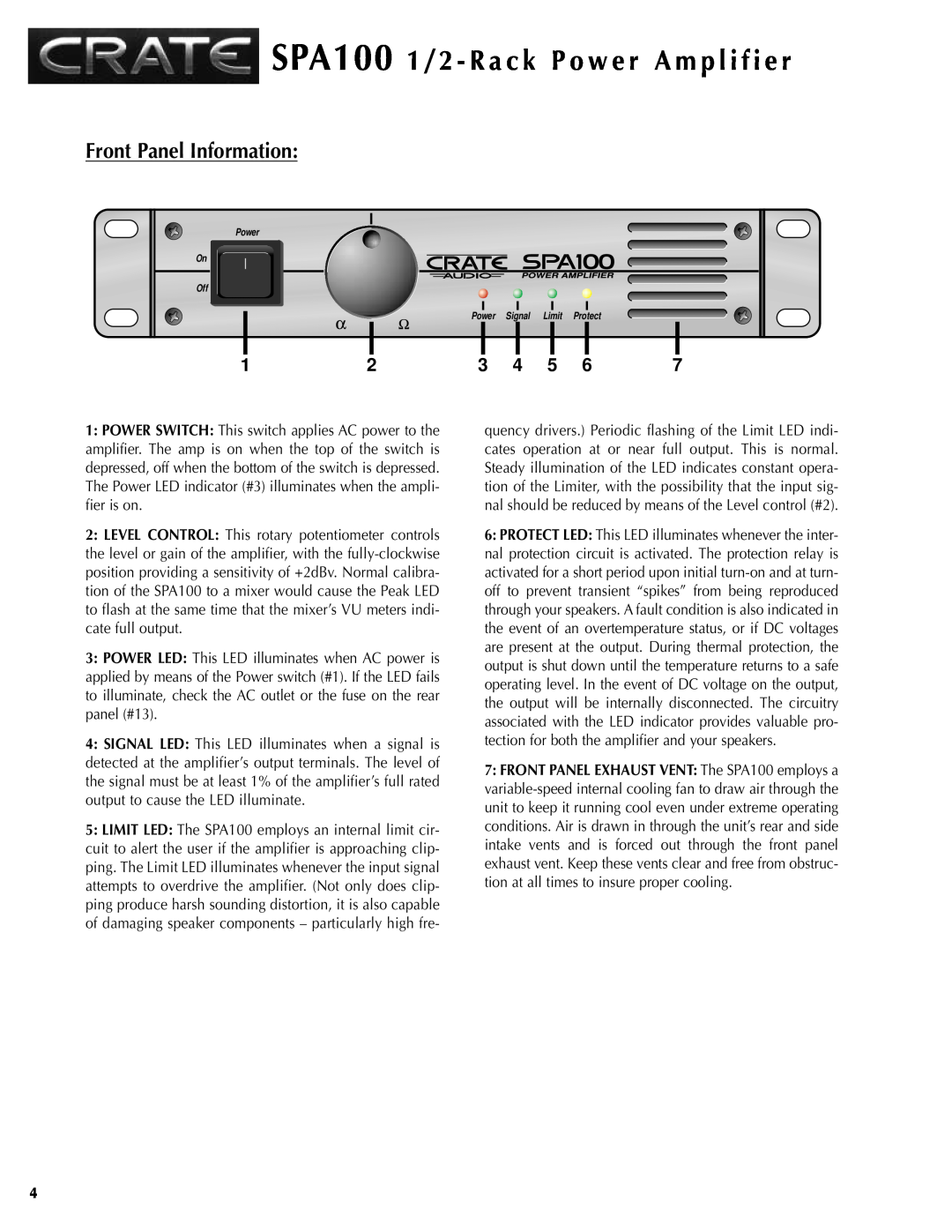 Crate Amplifiers SPA100 manual Front Panel Information 