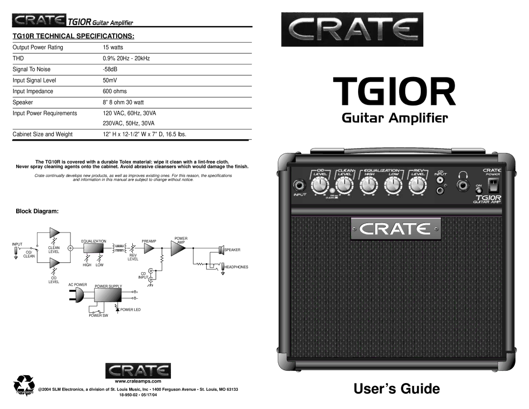 Crate Amplifiers TG10R technical specifications 