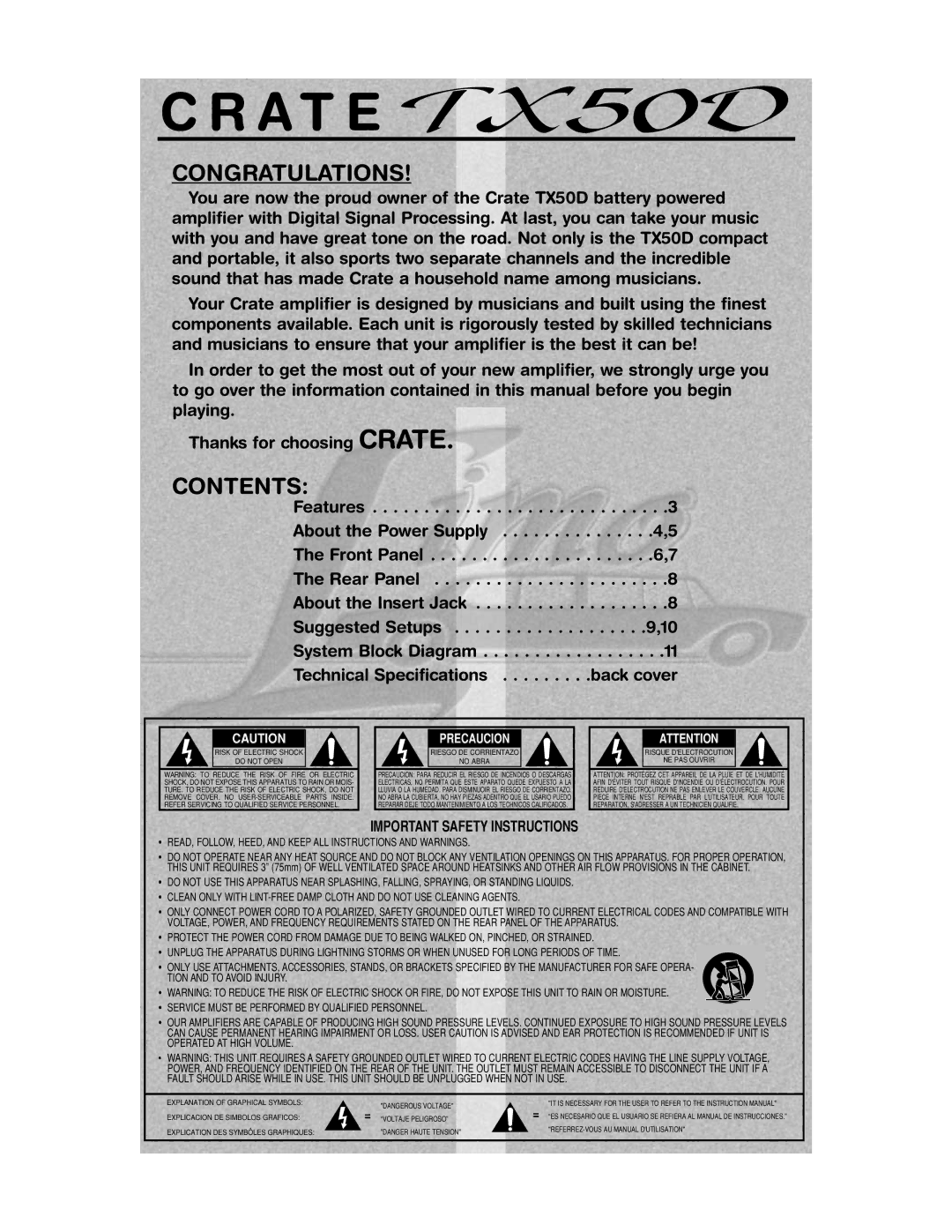 Crate Amplifiers TX50D manual Congratulations, Contents 