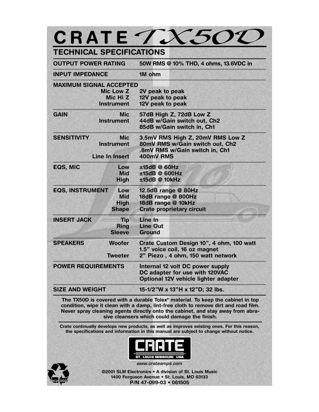 Crate Amplifiers TX50D manual Technical Specifications, C R A T E 