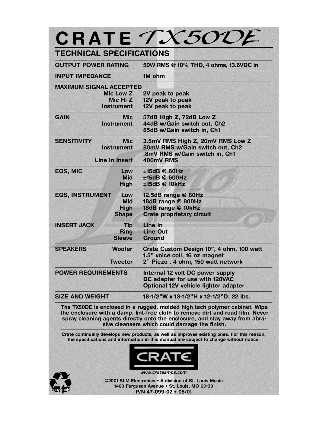 Crate Amplifiers TX50DE manual A T E, Technical Specifications 