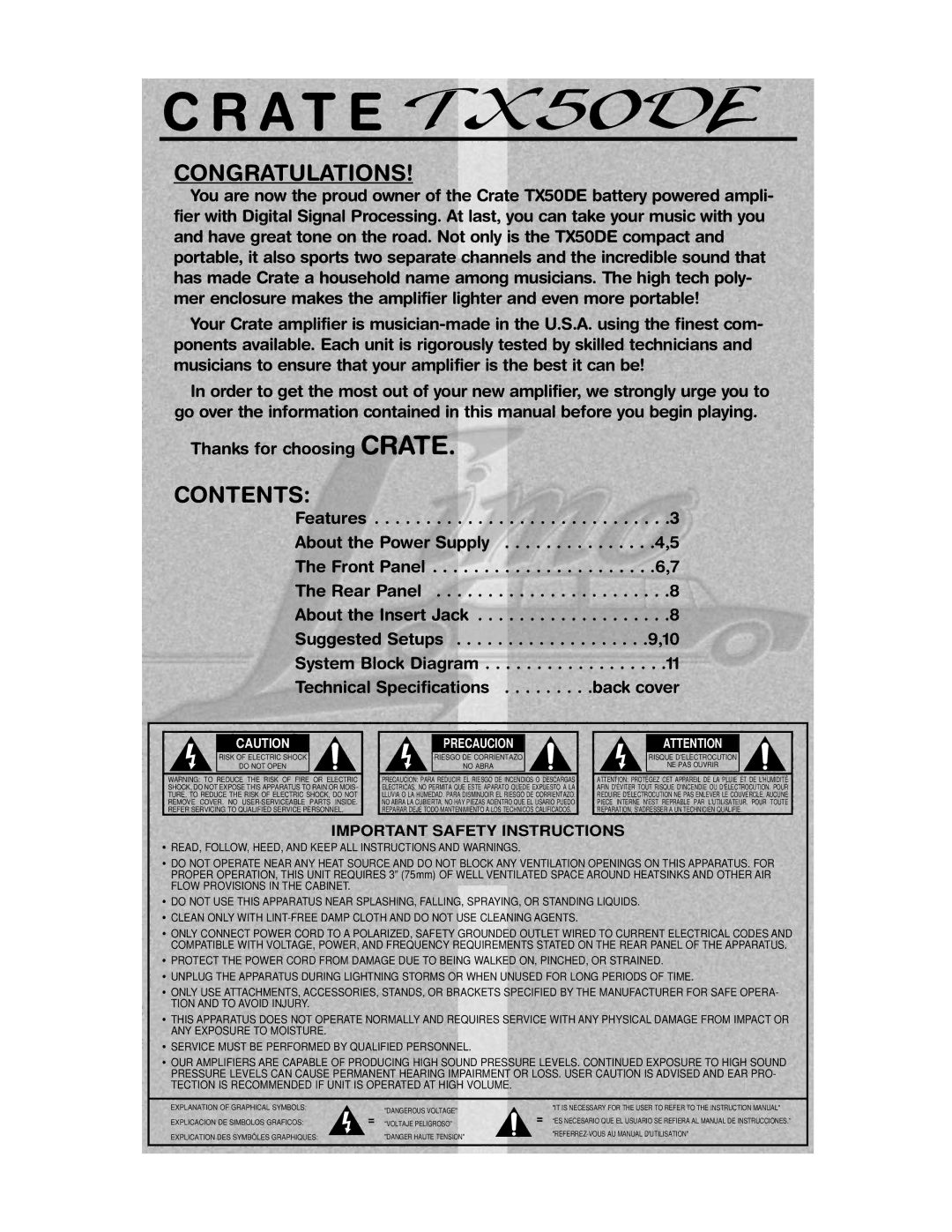 Crate Amplifiers TX50DE manual Congratulations, Contents 