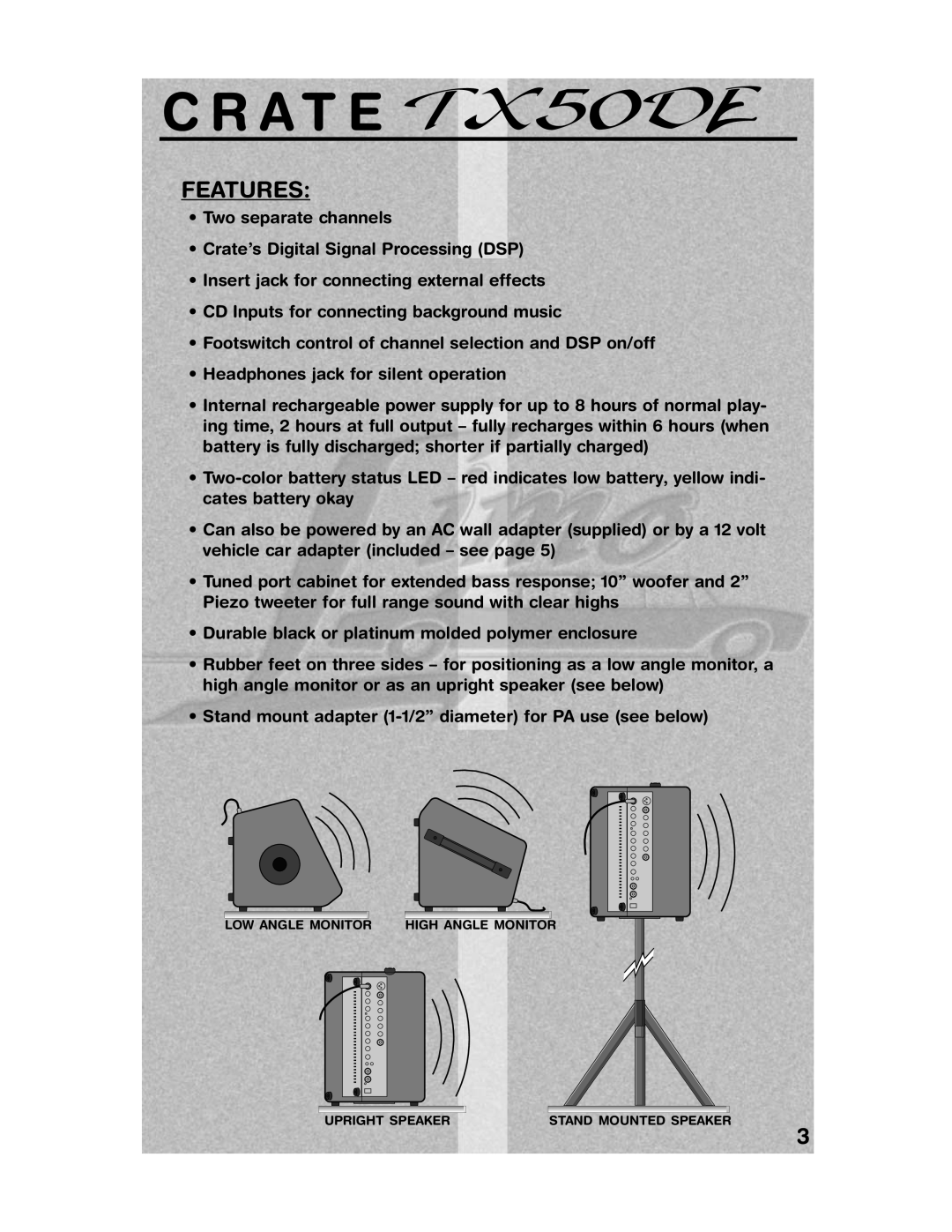 Crate Amplifiers TX50DE manual Features, C R A T E 
