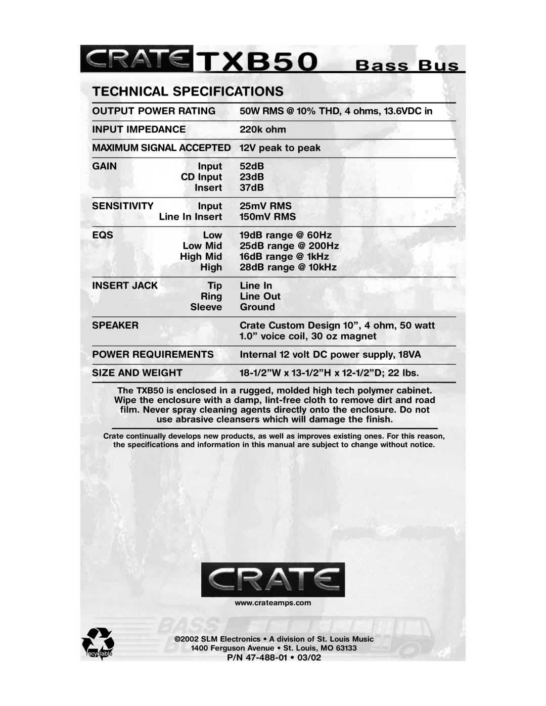 Crate Amplifiers TXB50 manual Technical Specifications, Eqs 