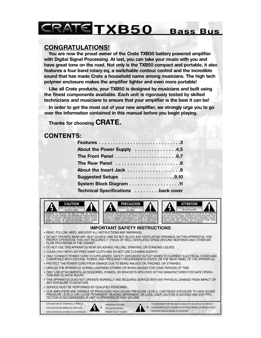 Crate Amplifiers TXB50 manual Congratulations, Contents 