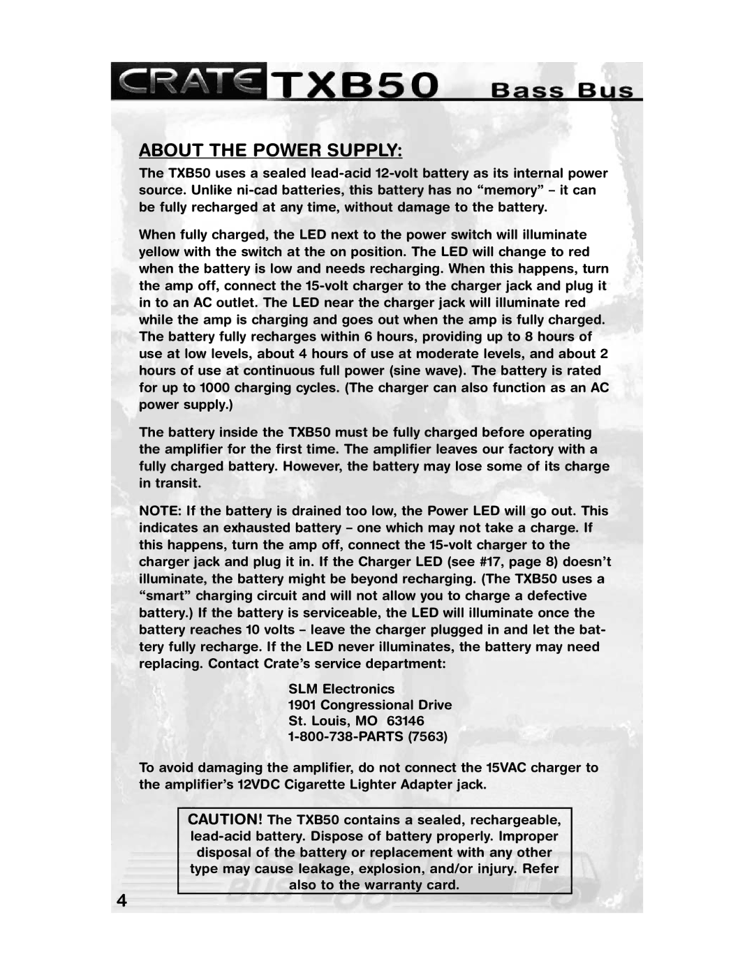 Crate Amplifiers TXB50 manual About the Power Supply 