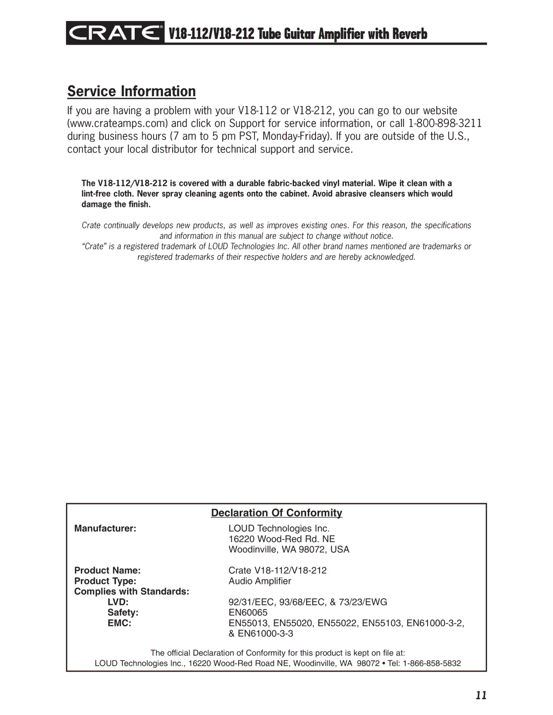 Crate Amplifiers V18-212, V18-112 owner manual Service Information, Declaration Of Conformity 