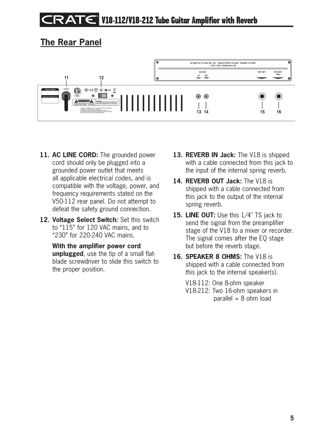 Crate Amplifiers V18-212, V18-112 owner manual Rear Panel, 1112 