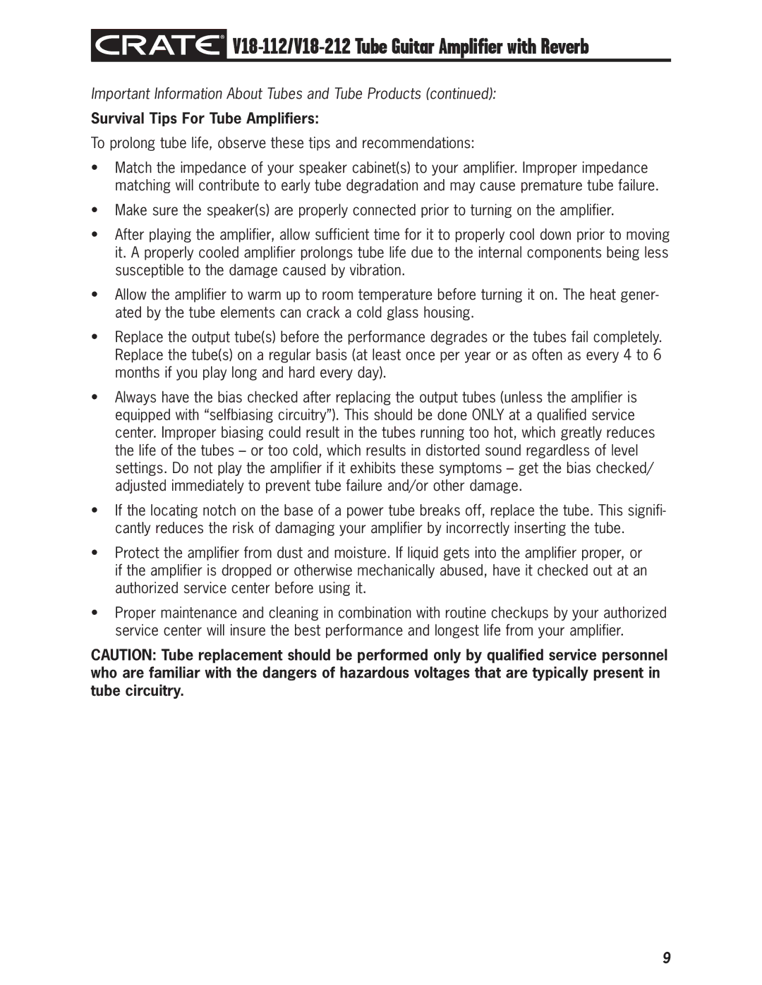 Crate Amplifiers V18-212, V18-112 owner manual Survival Tips For Tube Amplifiers 