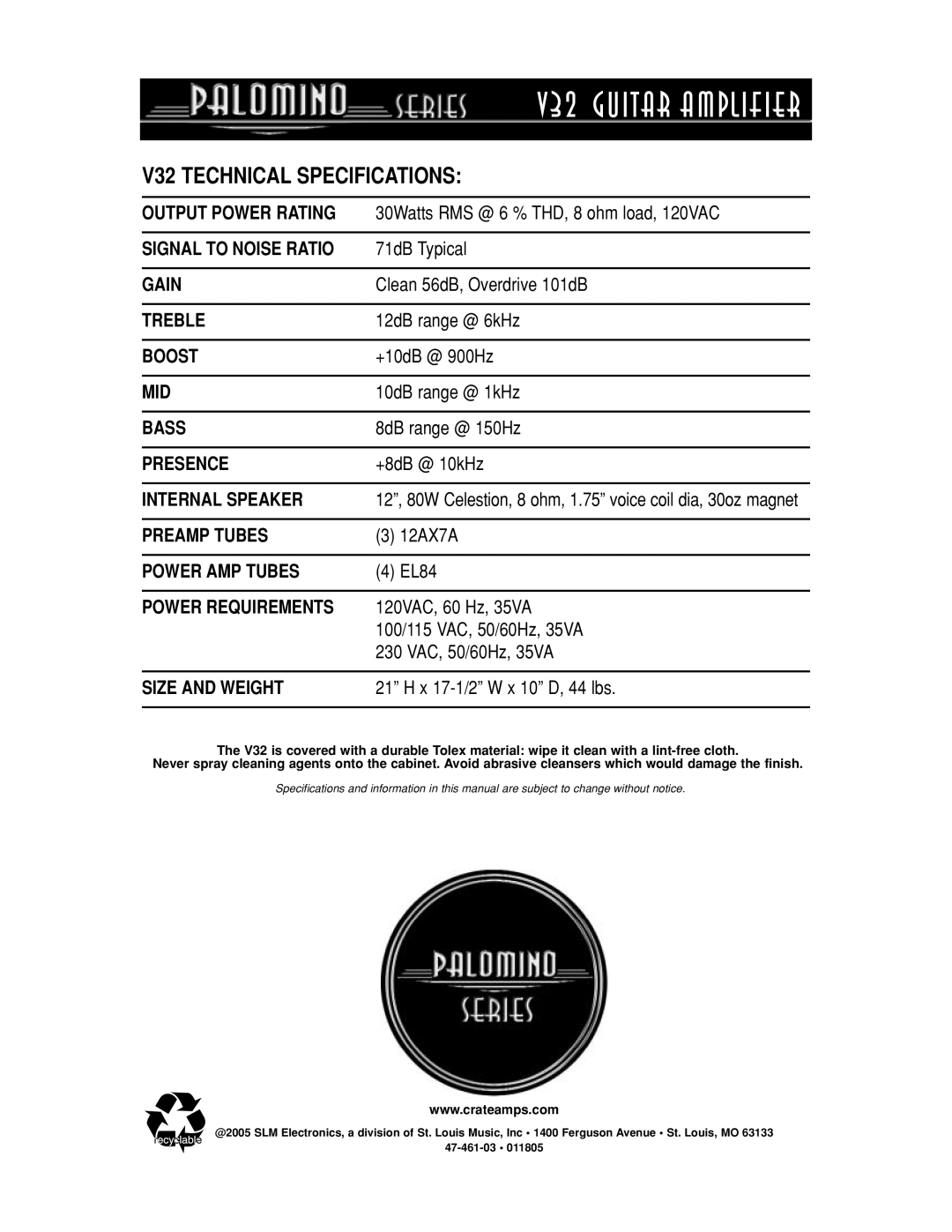 Crate Amplifiers manual V32 Guitar Amplifier 