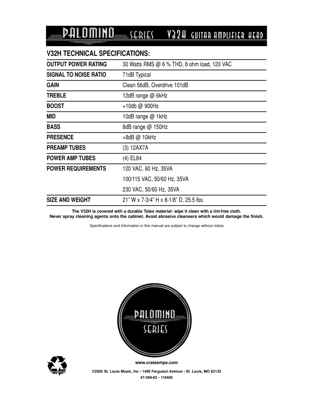 Crate Amplifiers manual V32H Technical Specifications 