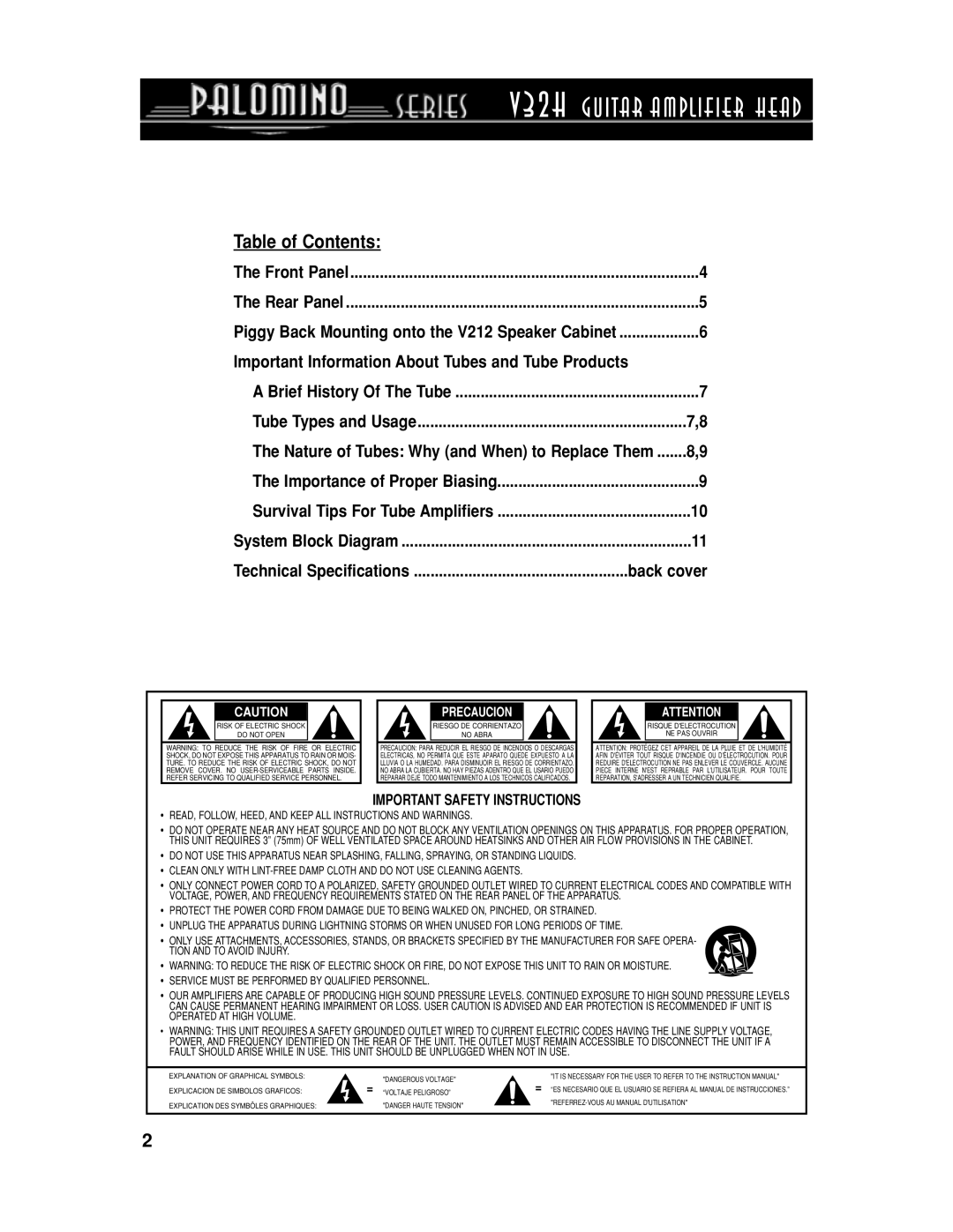 Crate Amplifiers manual V32H Guitar Amplifier Head, Table of Contents 