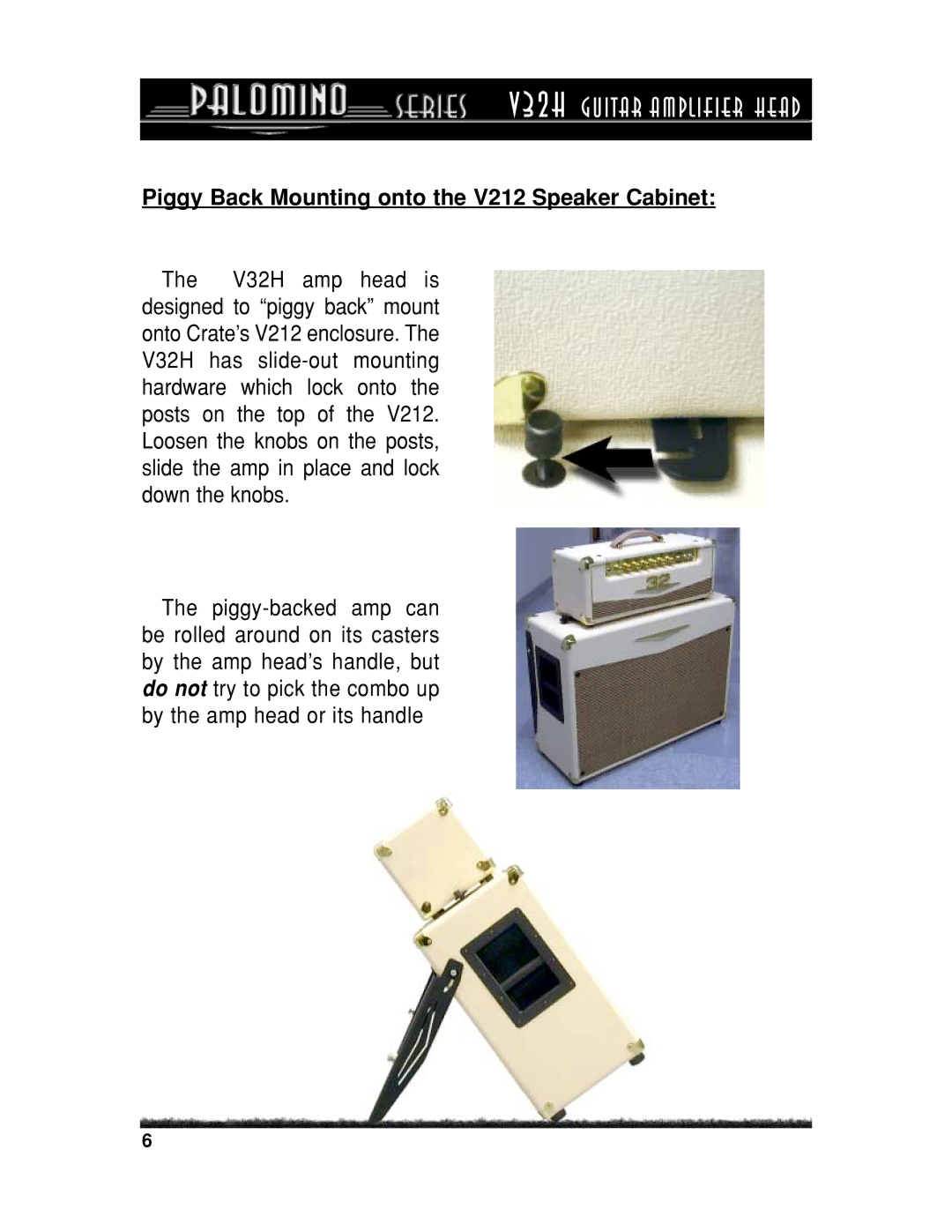 Crate Amplifiers V32H manual Piggy Back Mounting onto the V212 Speaker Cabinet 