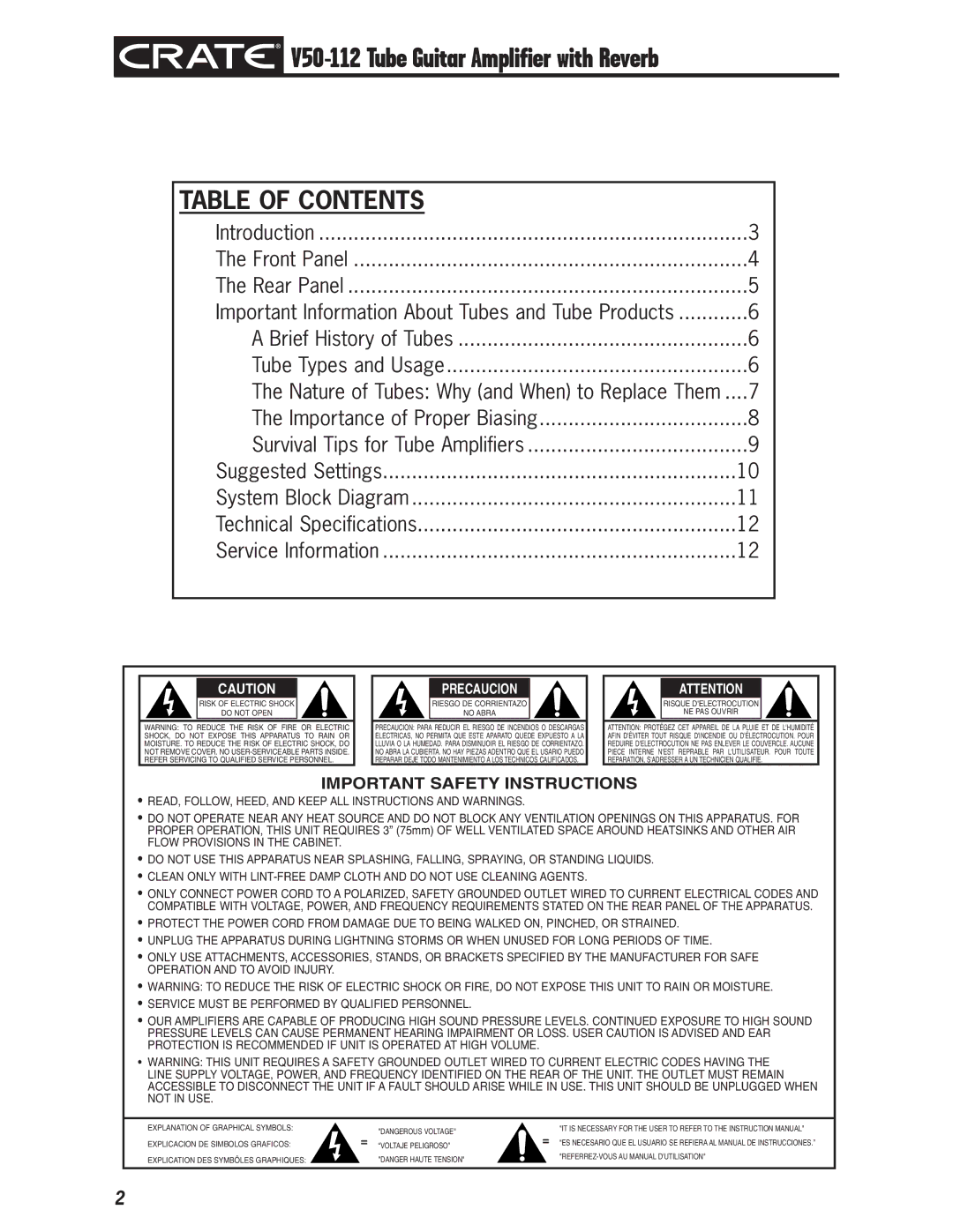 Crate Amplifiers V50-112 owner manual Table of Contents 