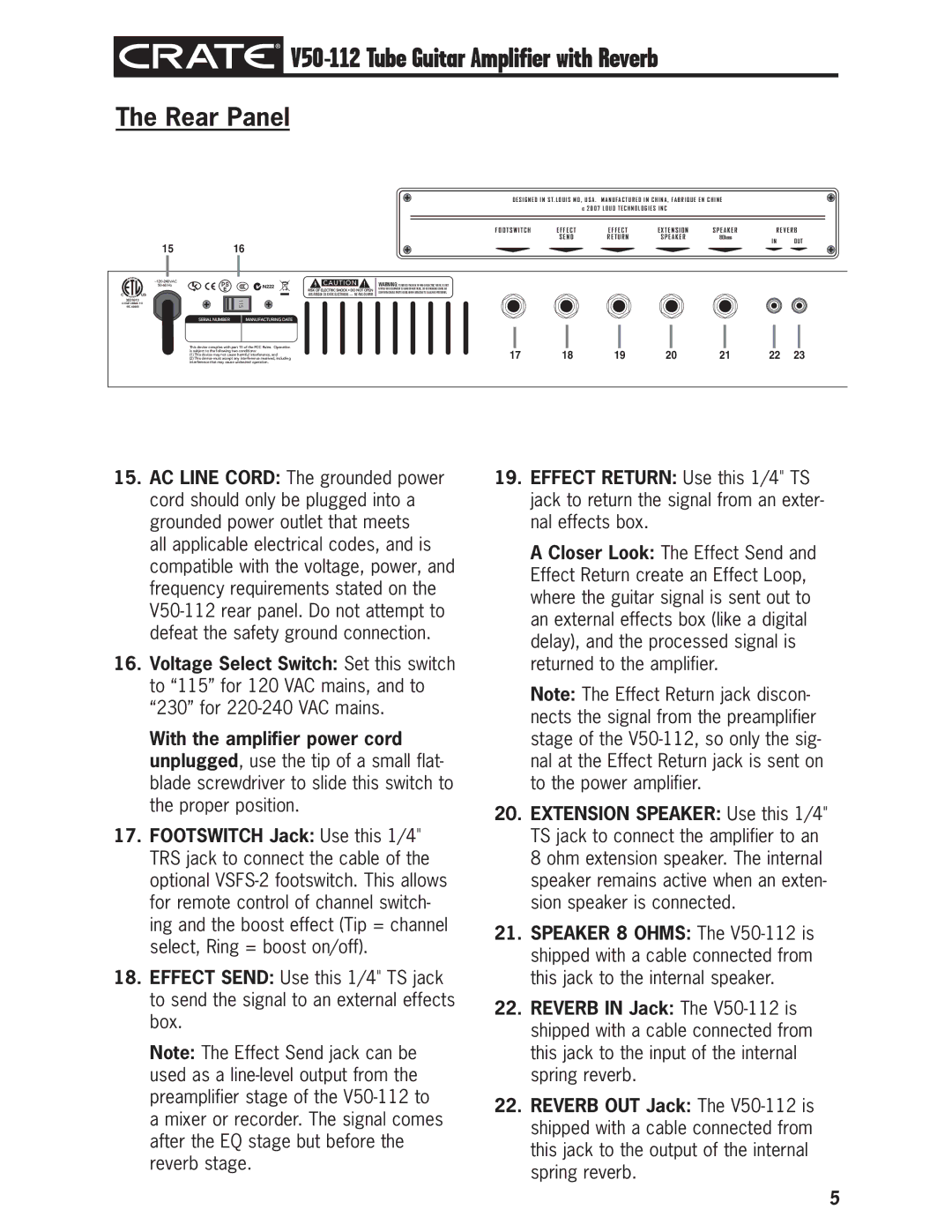 Crate Amplifiers owner manual V50-112 Tube Guitar Amplifier with Reverb Rear Panel, E a K E R V E R B 