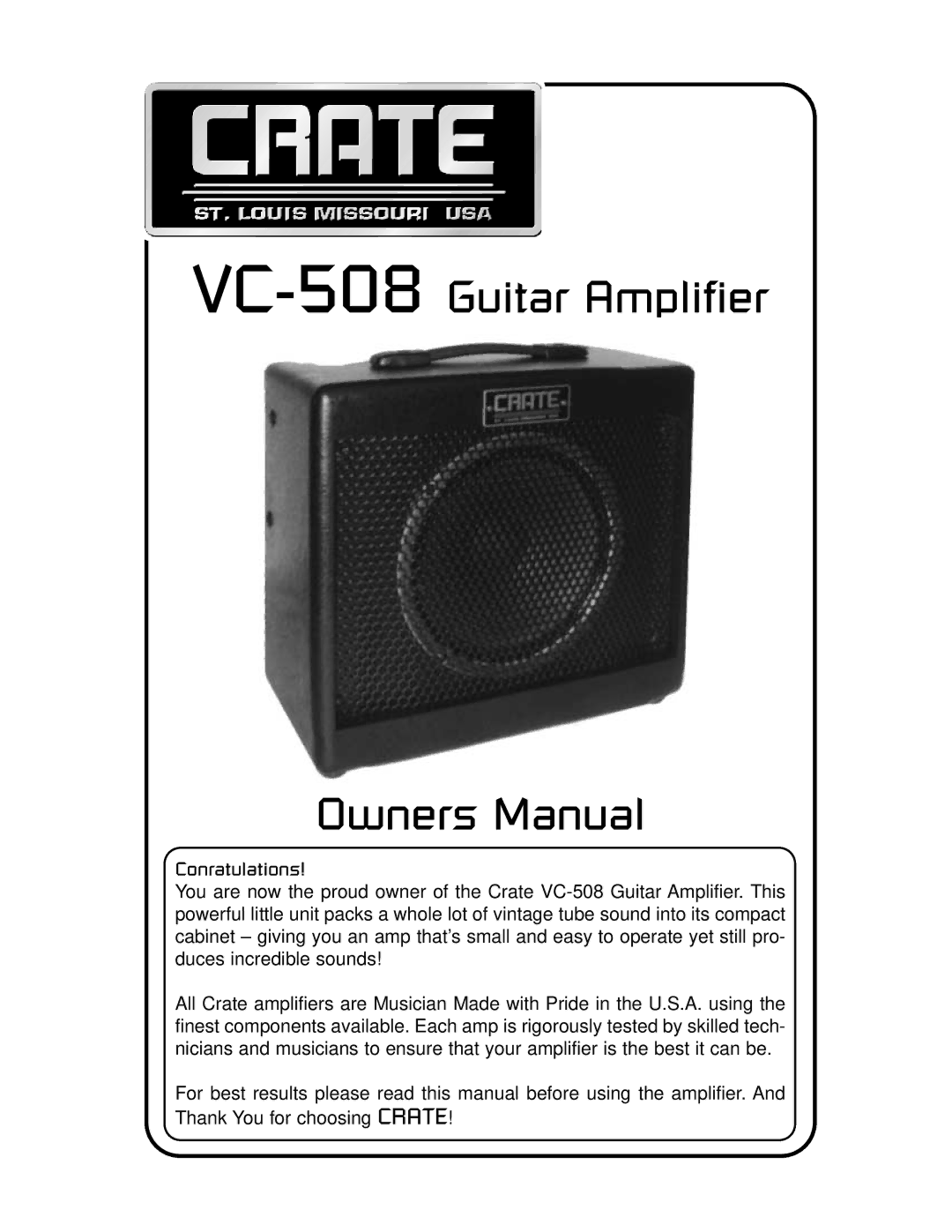 Crate Amplifiers owner manual VC-508Guitar Amplifier 