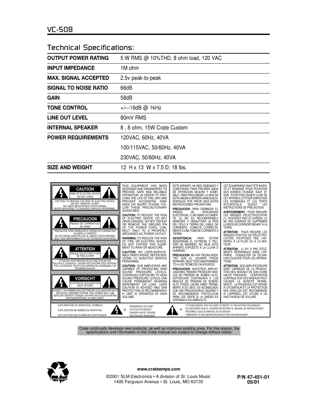 Crate Amplifiers owner manual VC-508 Technical Specifications, Size and Weight 