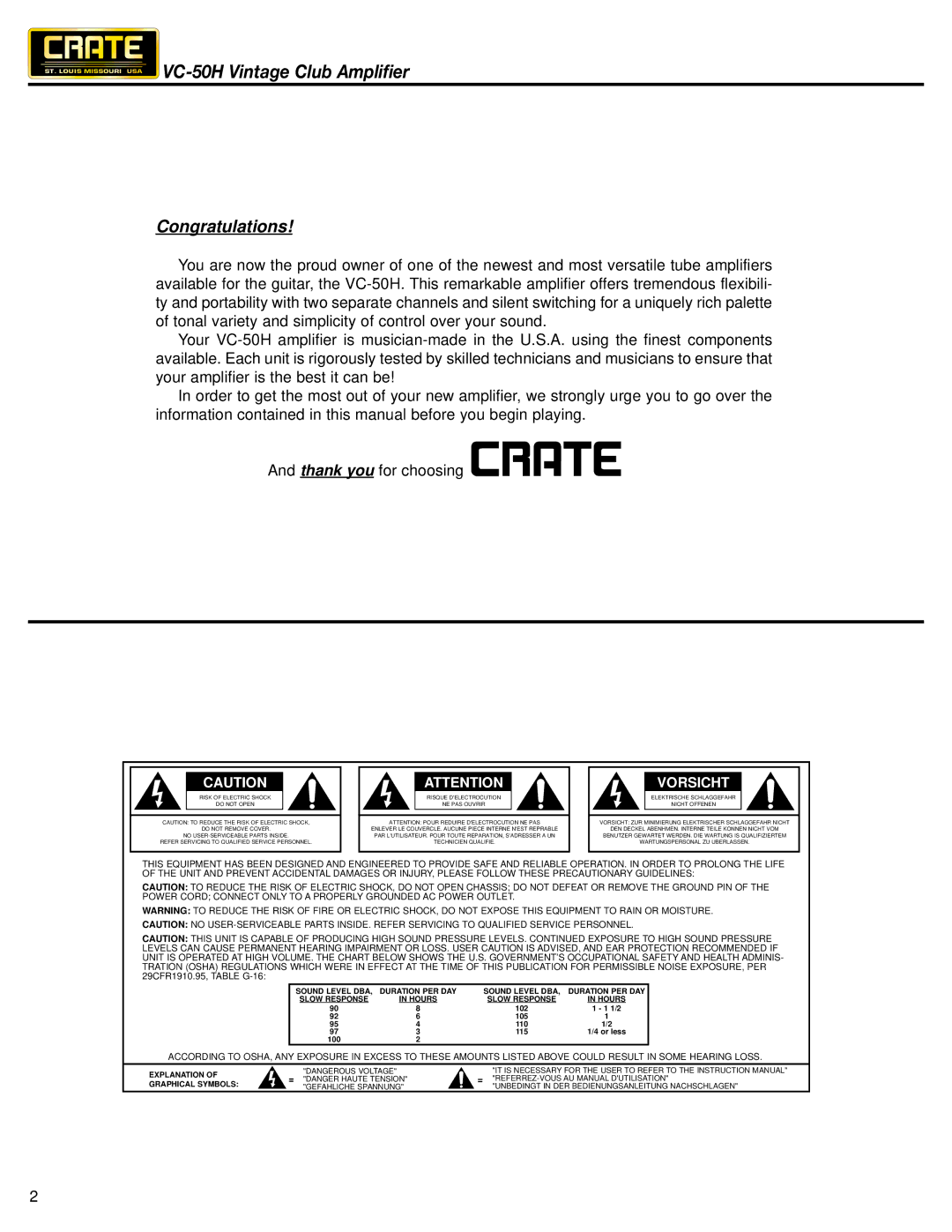 Crate Amplifiers owner manual VC-50H Vintage Club Amplifier, Congratulations 