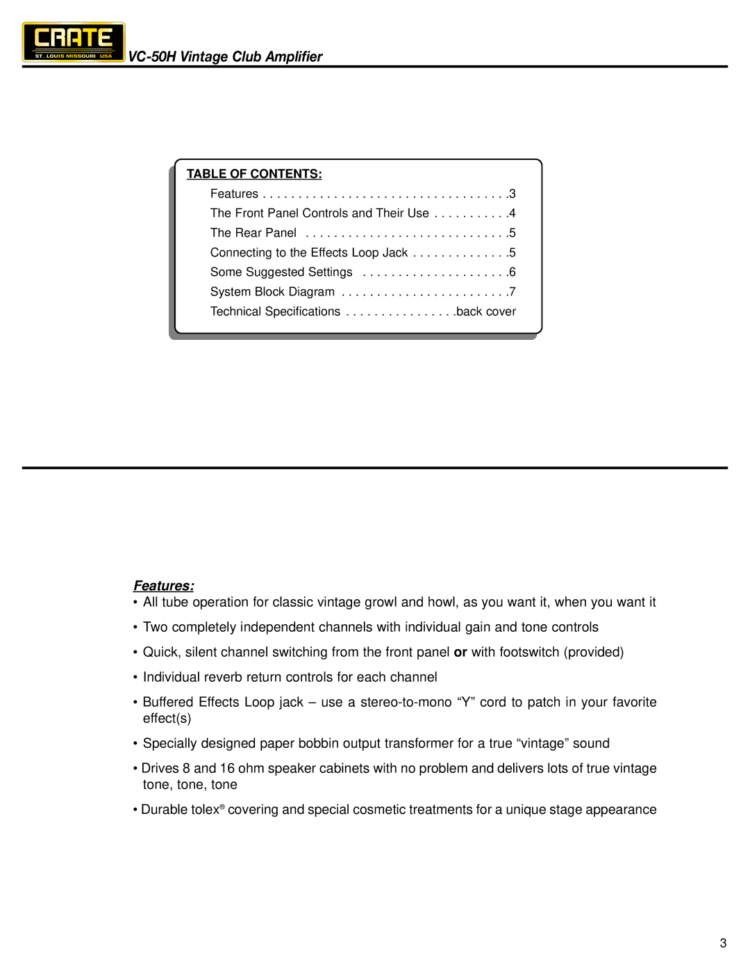 Crate Amplifiers VC-50H owner manual Features, Table of Contents 