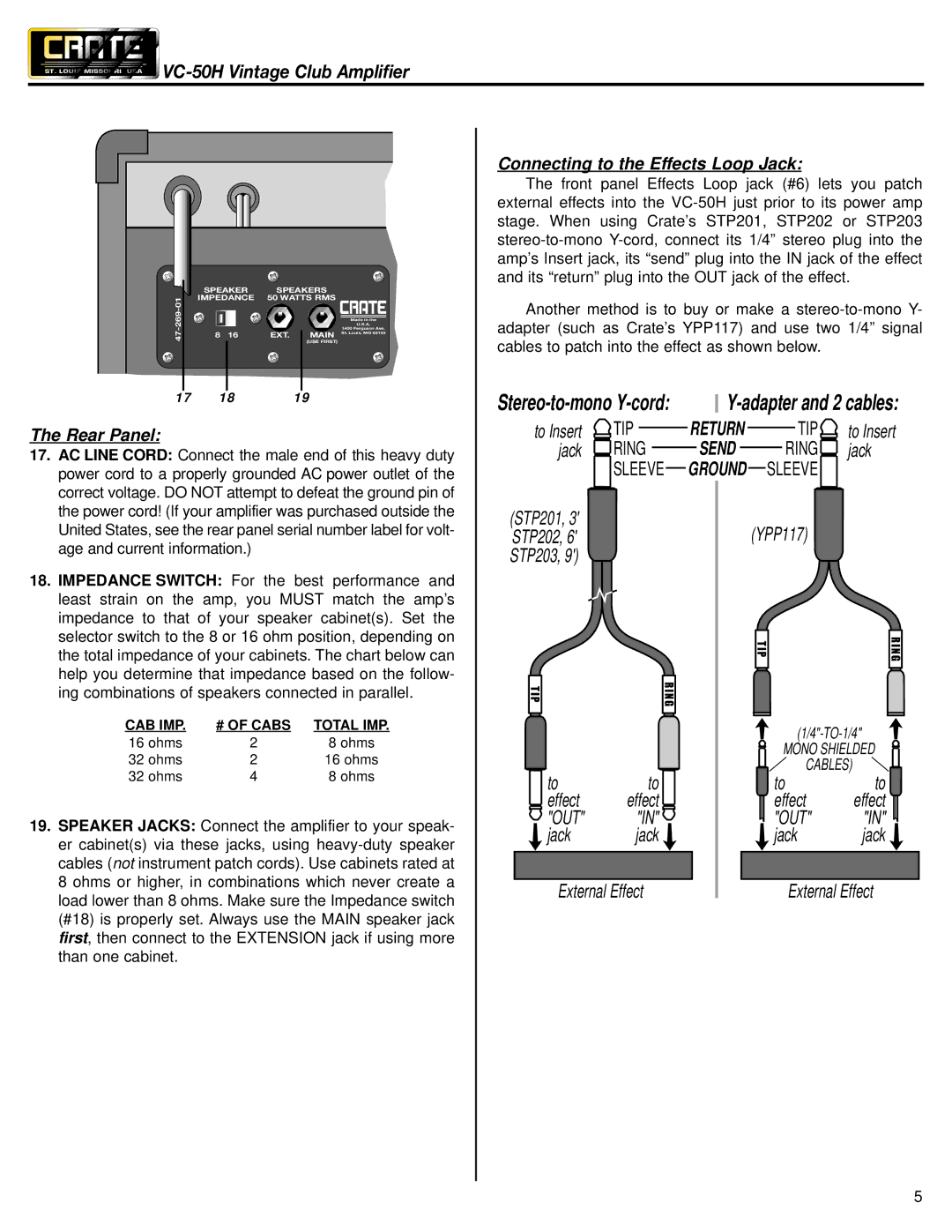 Crate Amplifiers VC-50H owner manual Rear Panel, Connecting to the Effects Loop Jack 