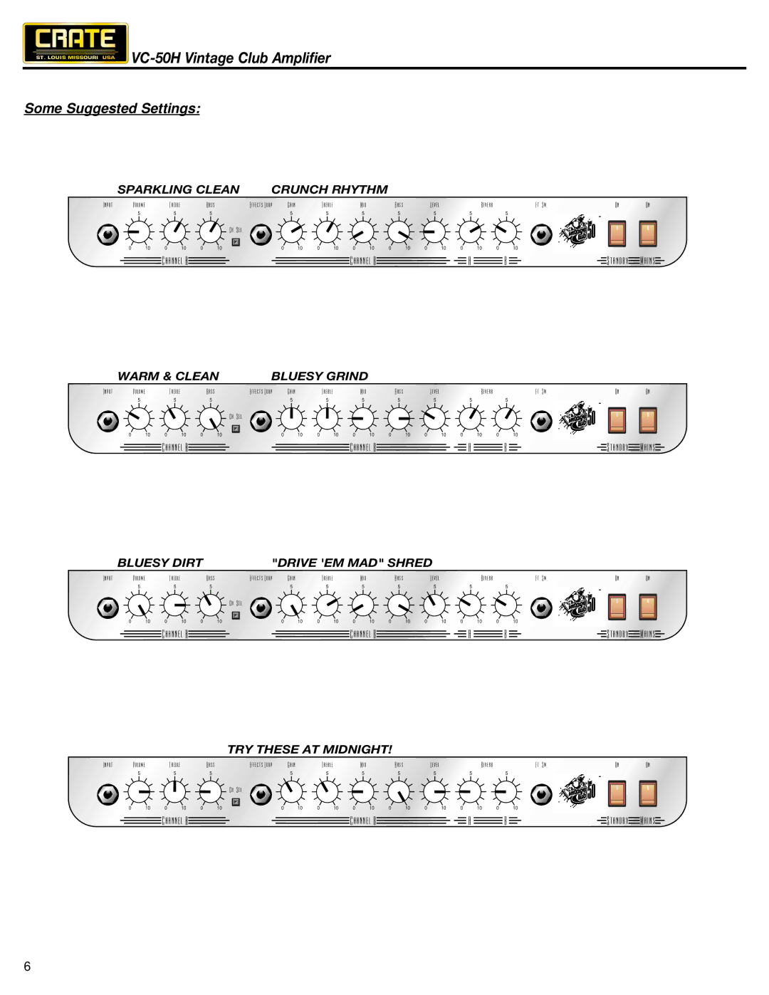 Crate Amplifiers VC-50H owner manual Some Suggested Settings, Sparkling Clean Crunch Rhythm 