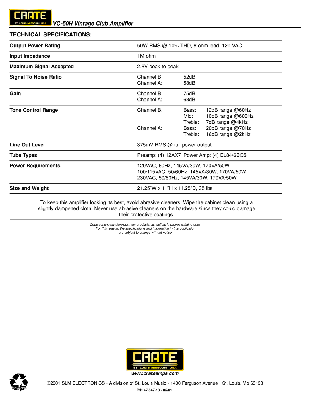 Crate Amplifiers VC-50H owner manual Technical Specifications 