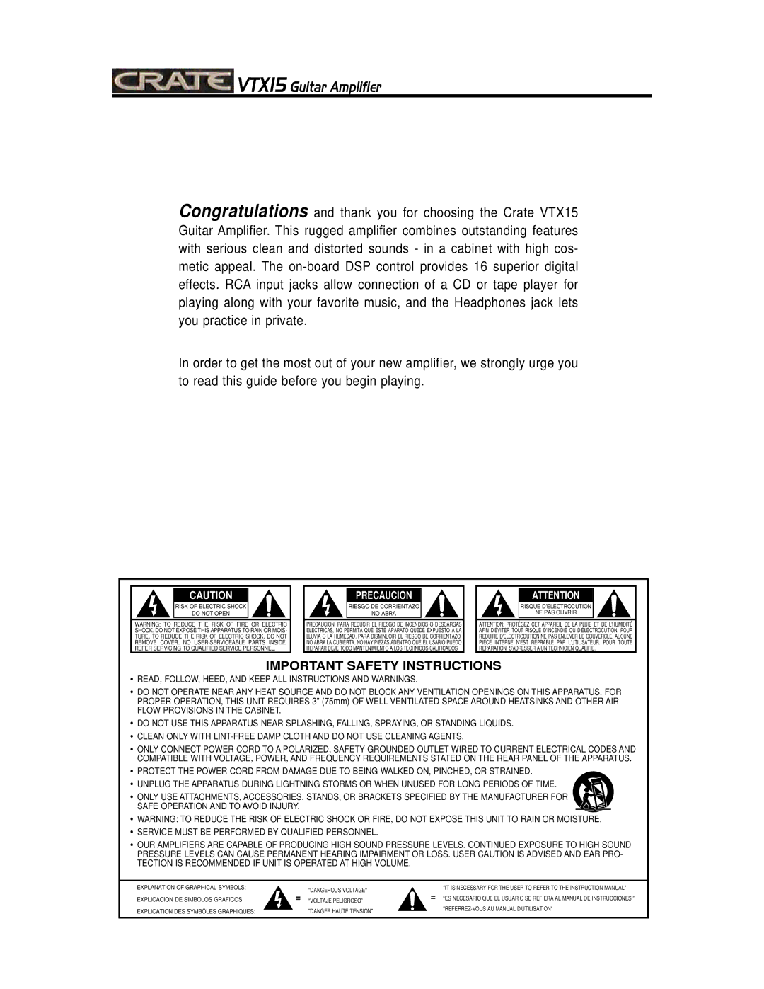 Crate Amplifiers manual VTX15 Guitar Amplifier 
