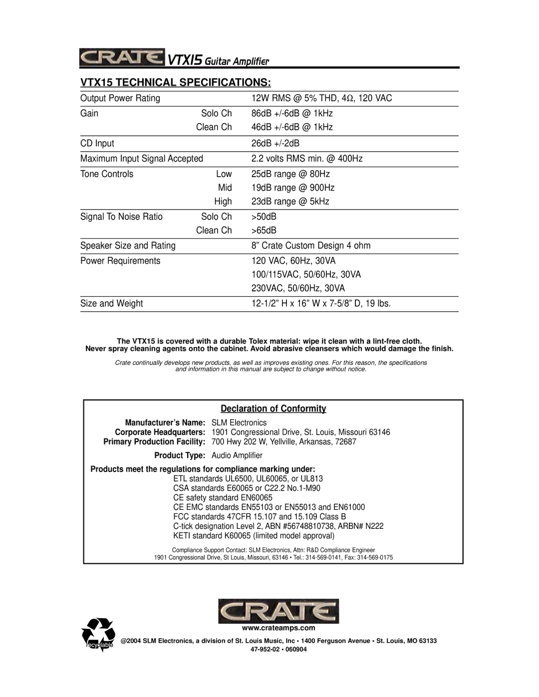 Crate Amplifiers manual VTX15 Technical Specifications, Declaration of Conformity 