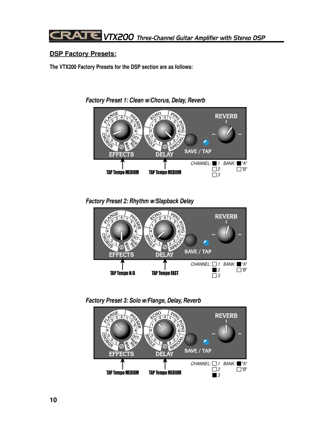 Crate Amplifiers VTX200 manual DSP Factory Presets, Factory Preset 3 Solo w/Flange, Delay, Reverb 