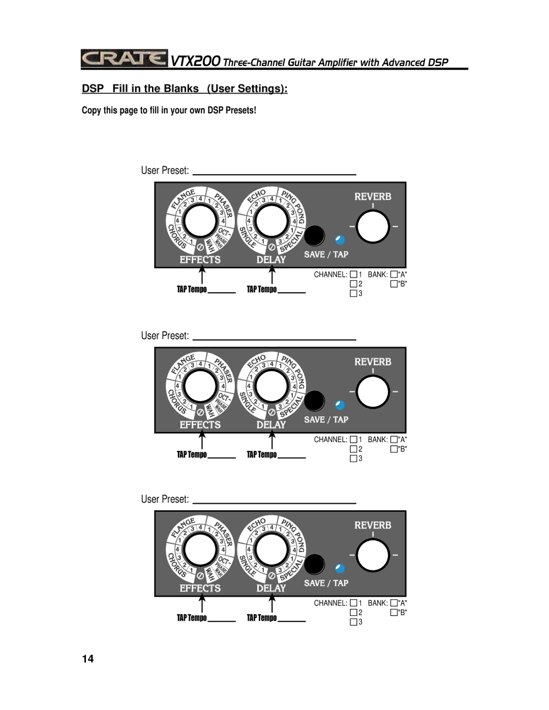 Crate Amplifiers VTX200 manual DSP Fill in the Blanks User Settings 