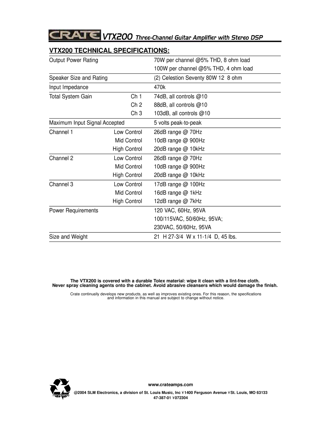 Crate Amplifiers manual VTX200 Technical Specifications 