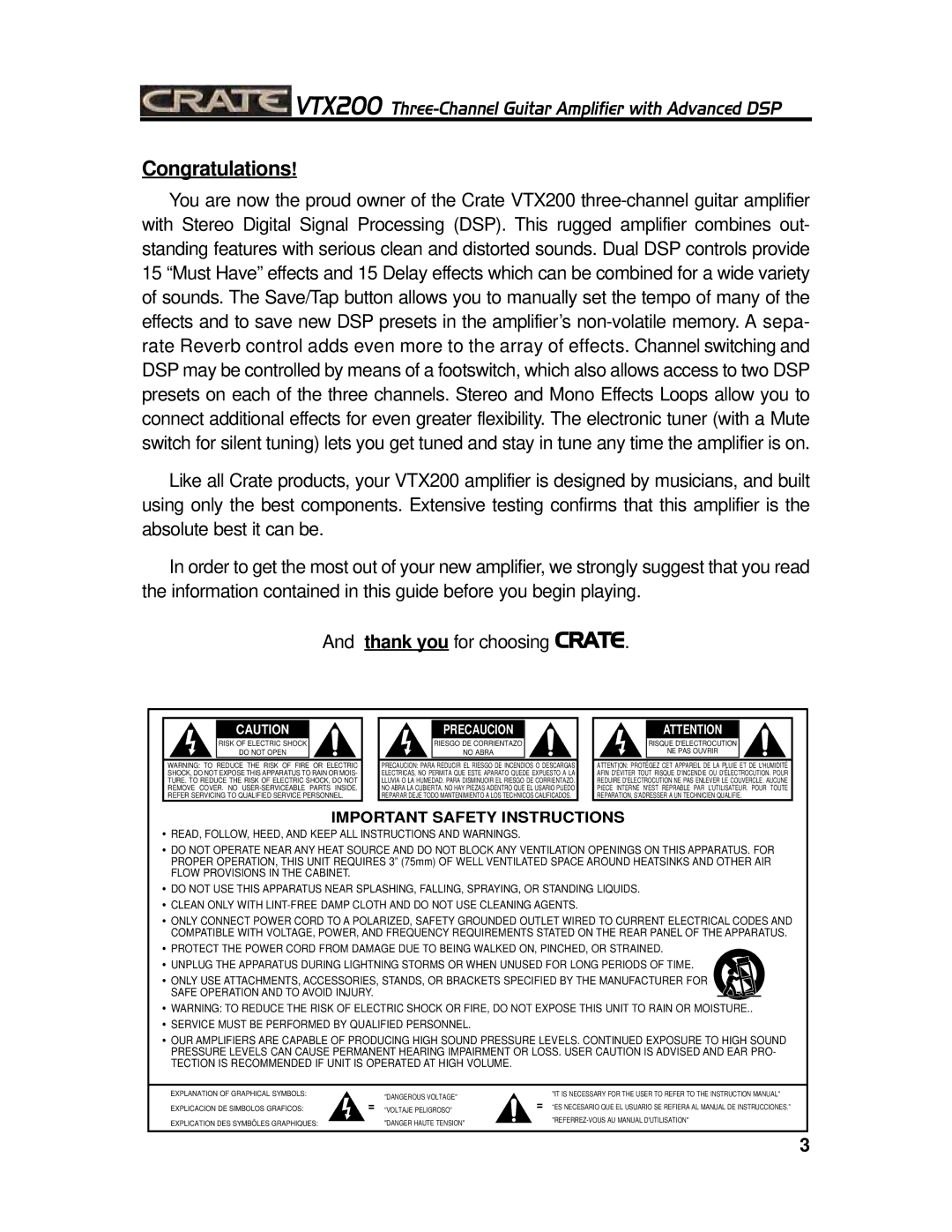 Crate Amplifiers VTX200 manual Congratulations 