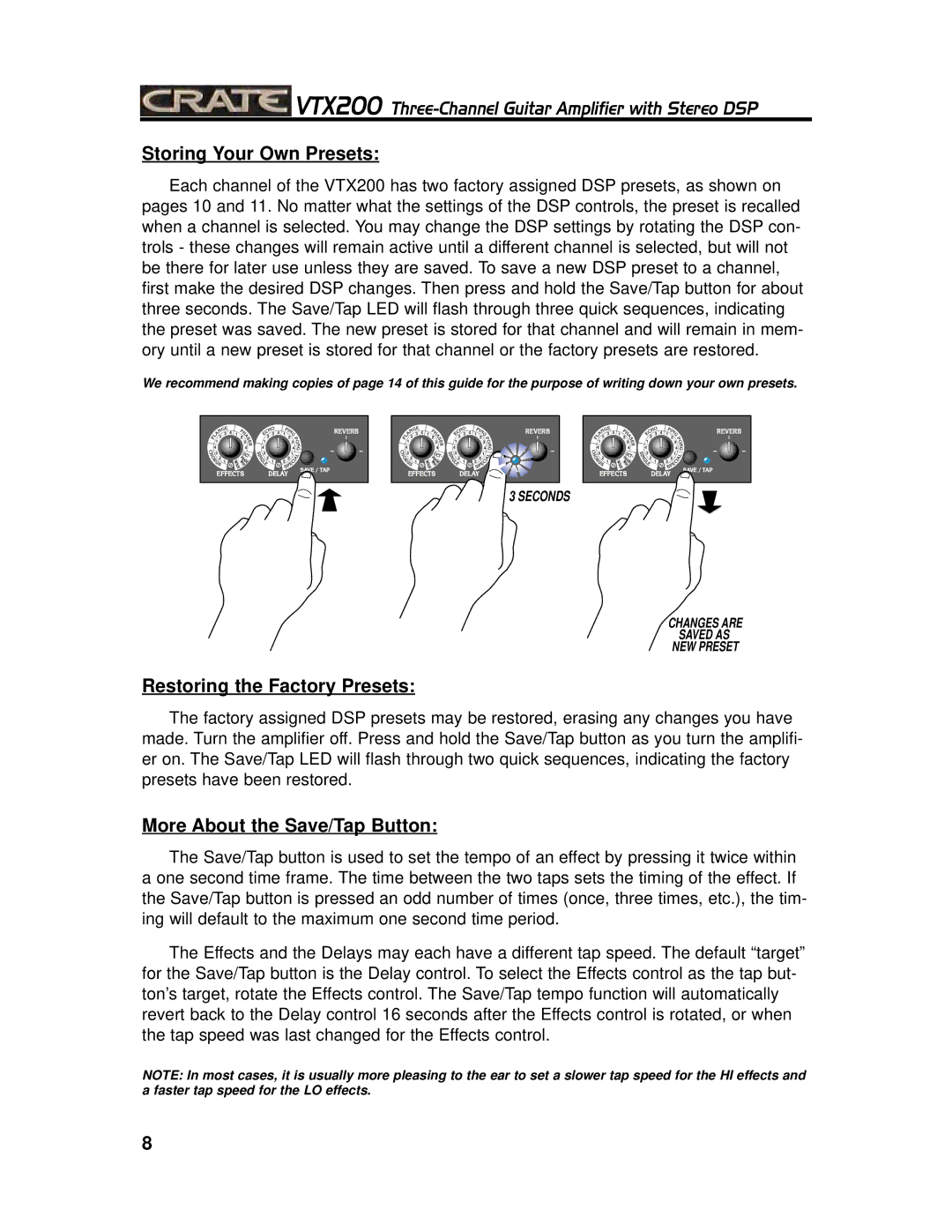 Crate Amplifiers VTX200 manual Storing Your Own Presets, Restoring the Factory Presets, More About the Save/Tap Button 