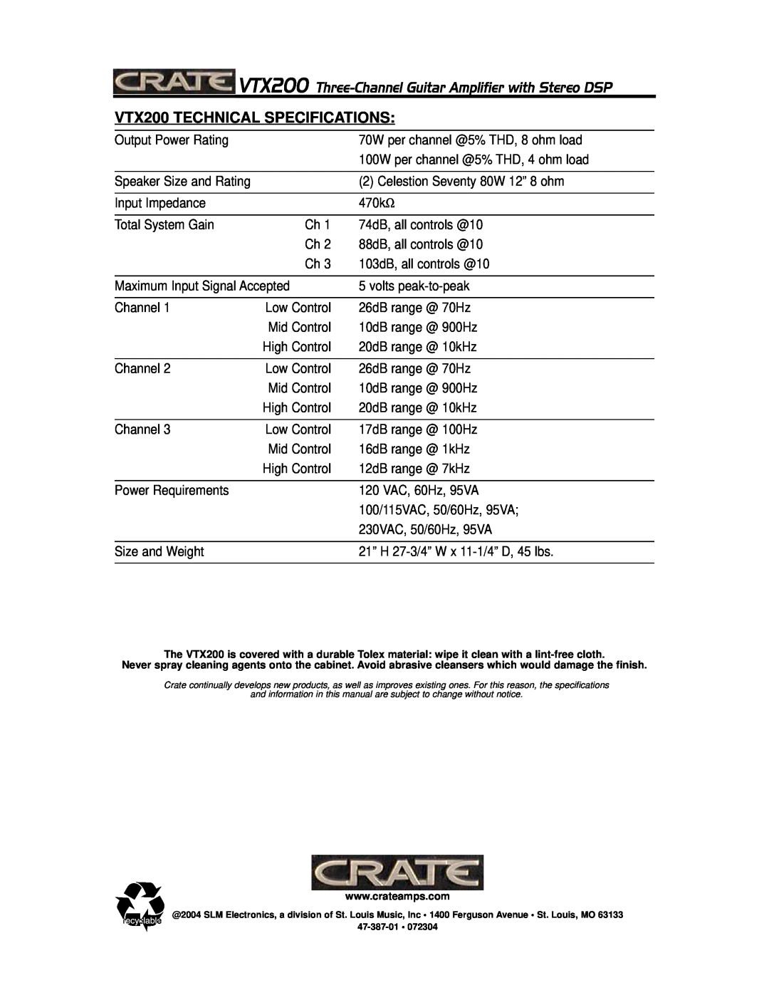 Crate Amplifiers manual VTX200 TECHNICAL SPECIFICATIONS 