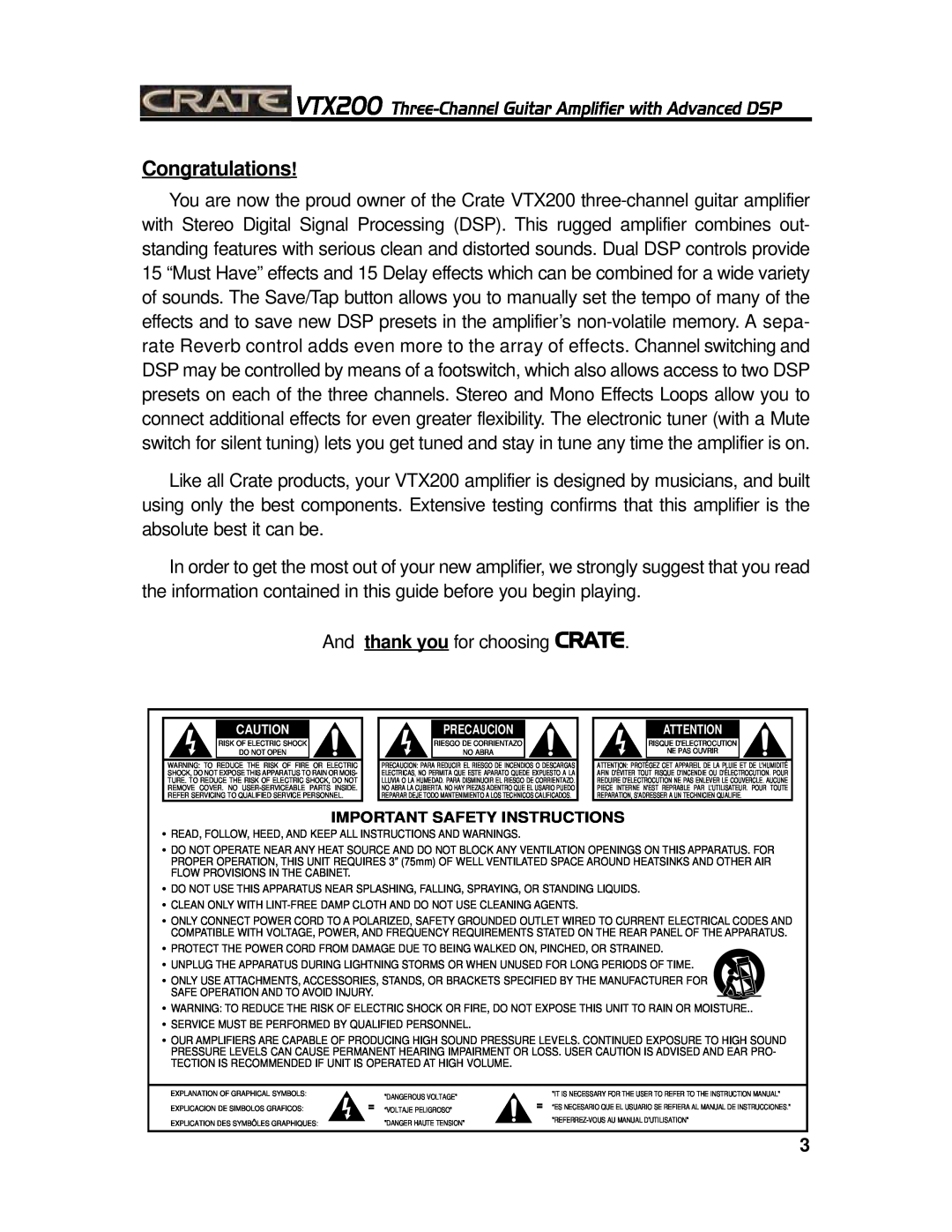 Crate Amplifiers VTX200 manual Congratulations 