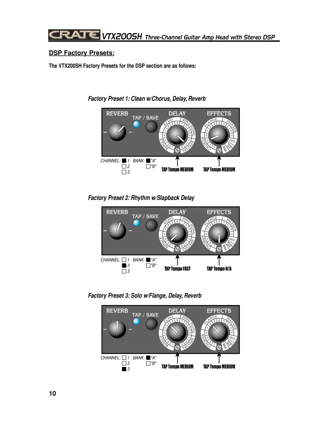 Crate Amplifiers VTX200SH manual DSP Factory Presets, Factory Preset 3 Solo w/Flange, Delay, Reverb 