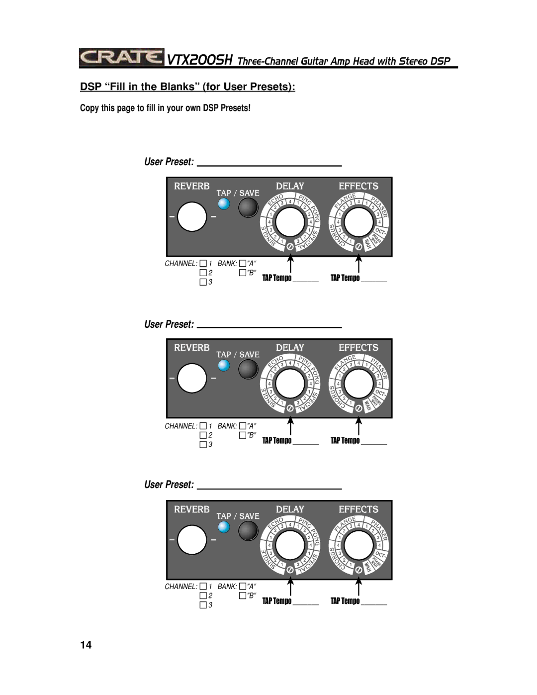 Crate Amplifiers VTX200SH manual DSP Fill in the Blanks for User Presets 