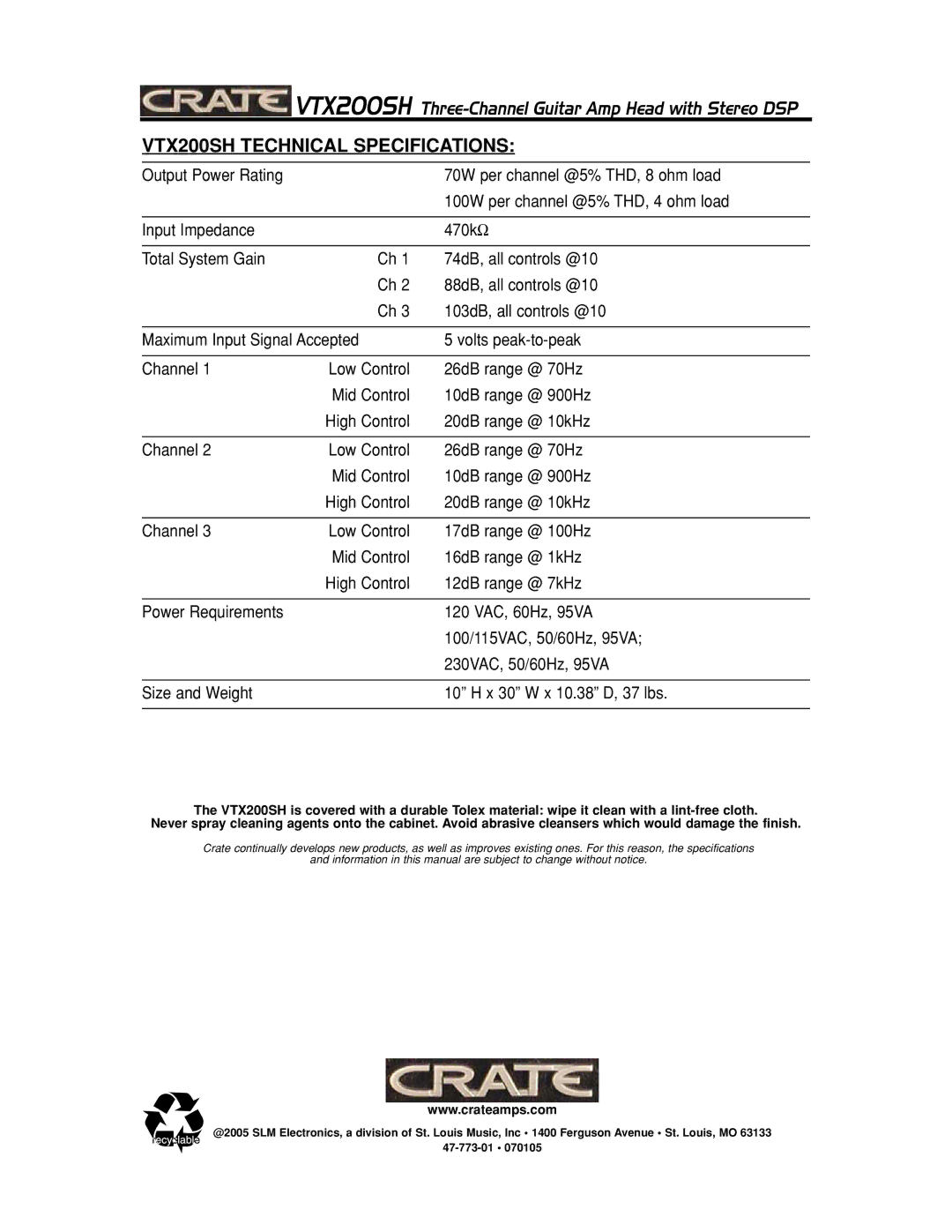 Crate Amplifiers manual VTX200SH Technical Specifications 