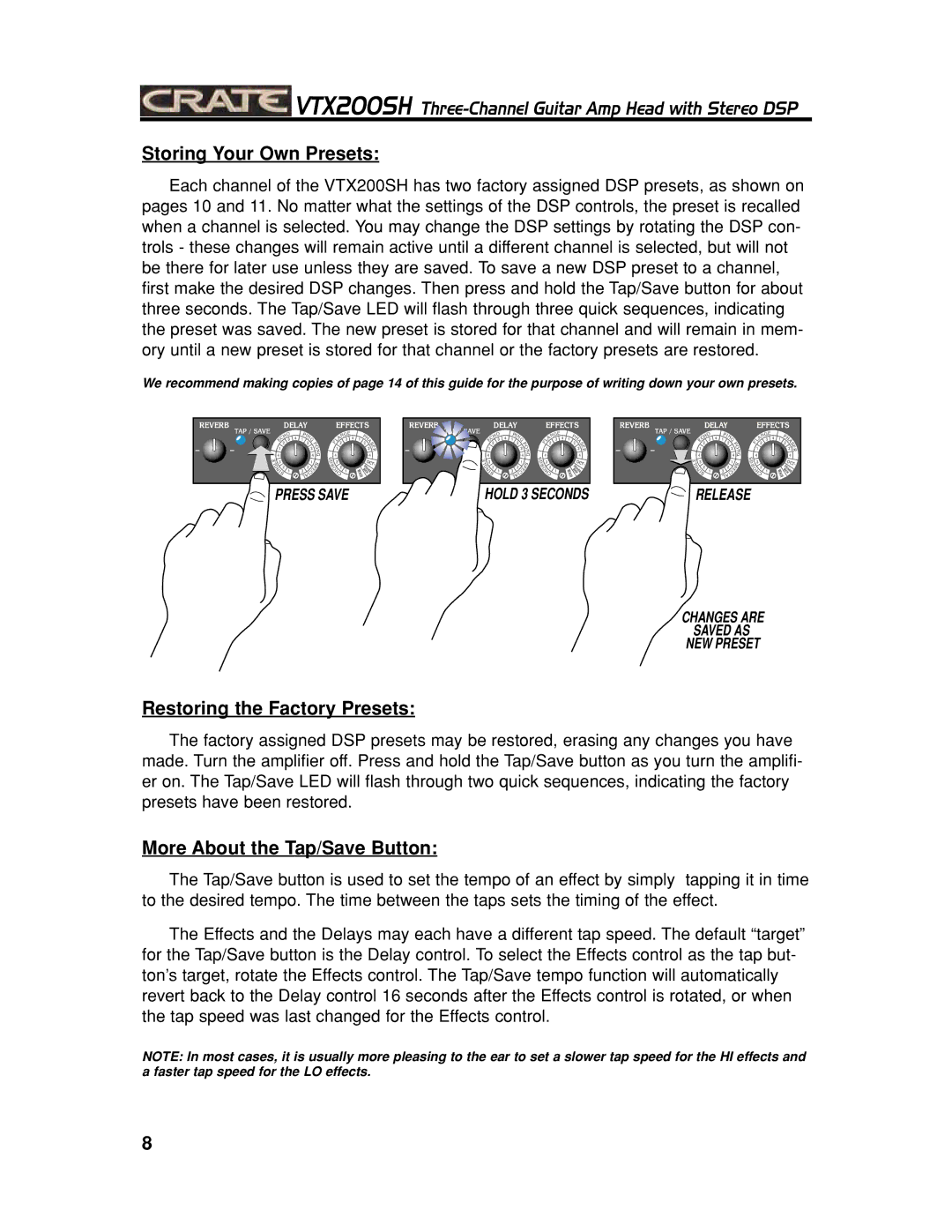 Crate Amplifiers VTX200SH manual Storing Your Own Presets, Restoring the Factory Presets, More About the Tap/Save Button 