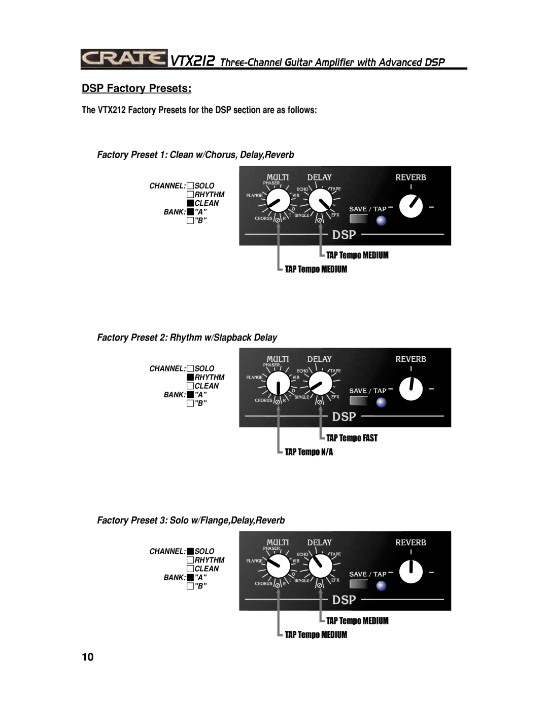 Crate Amplifiers VTX212 manual DSP Factory Presets, Factory Preset 1 Clean w/Chorus, Delay,Reverb 