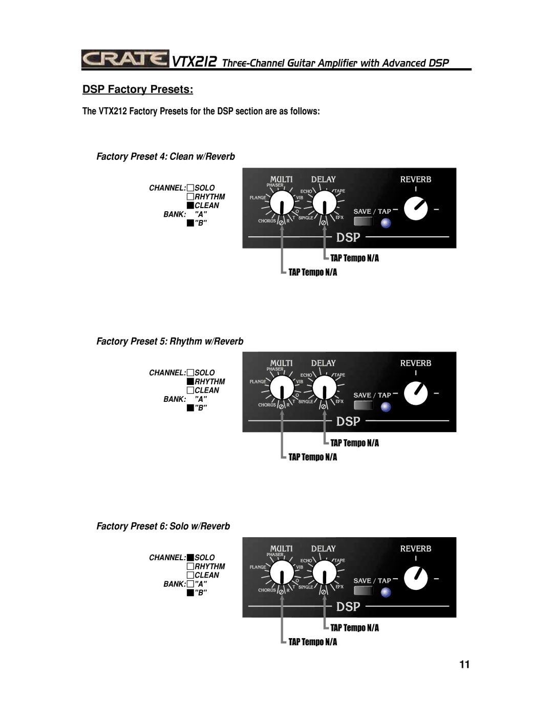 Crate Amplifiers VTX212 manual Factory Preset 4 Clean w/Reverb 
