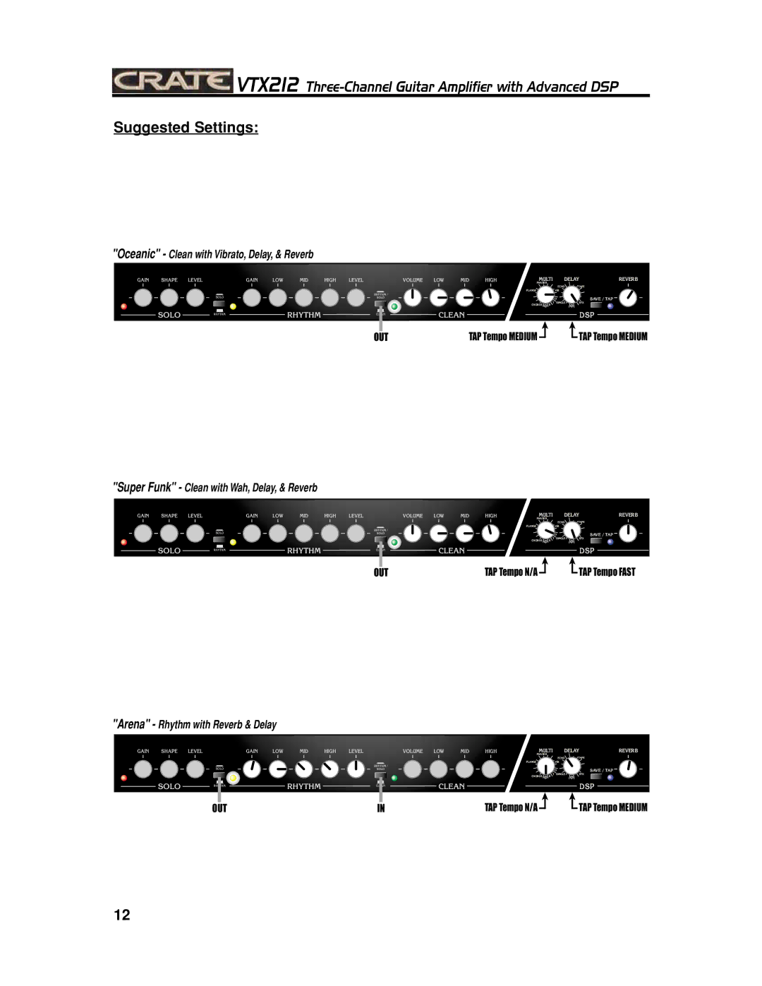 Crate Amplifiers VTX212 manual Suggested Settings, Oceanic Clean with Vibrato, Delay, & Reverb 