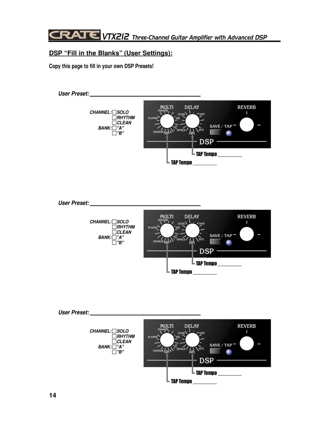 Crate Amplifiers VTX212 manual DSP Fill in the Blanks User Settings, User Preset 