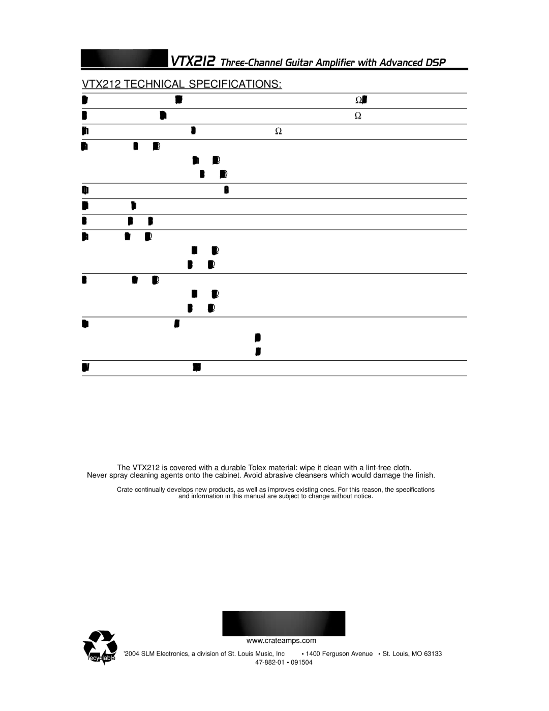 Crate Amplifiers manual VTX212 Technical Specifications 