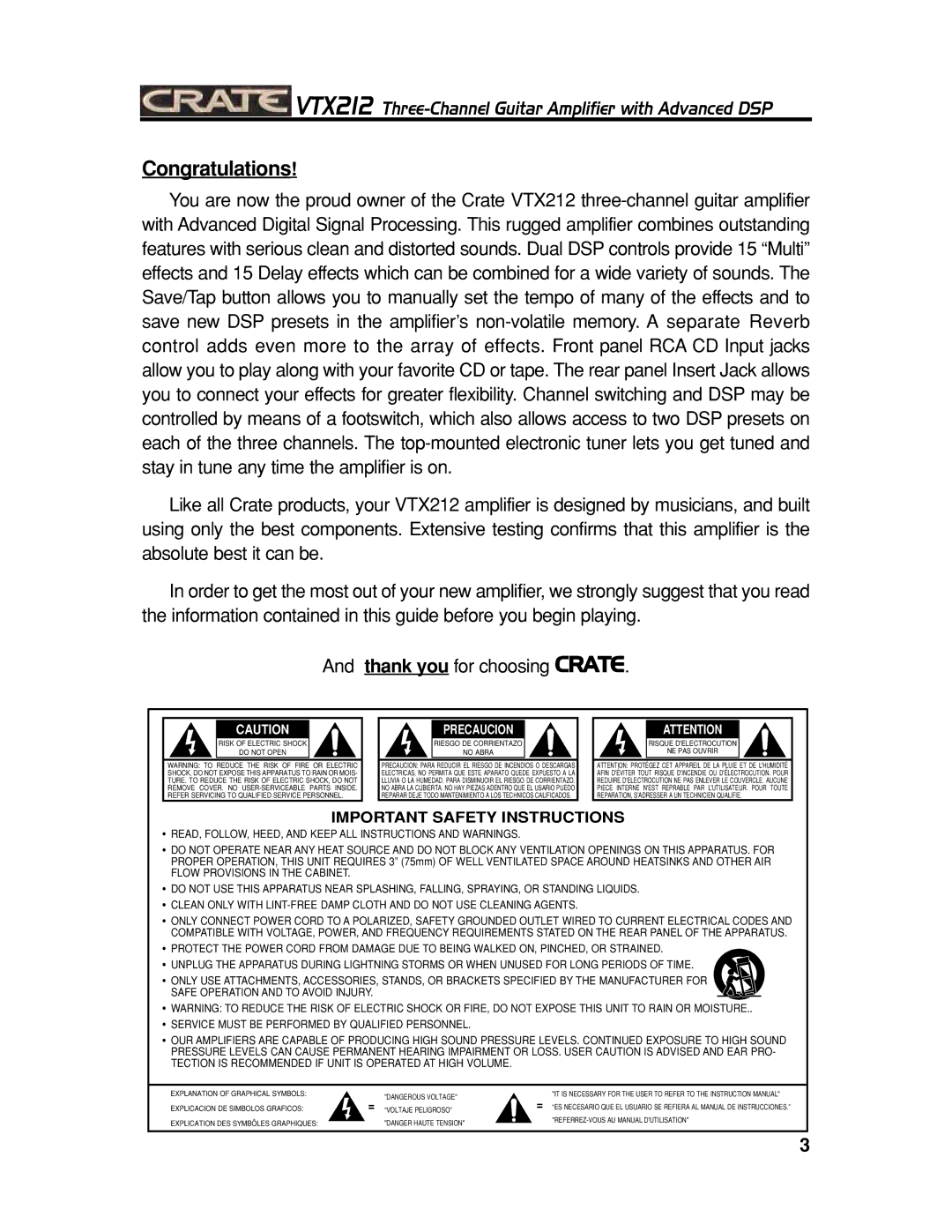 Crate Amplifiers VTX212 manual Congratulations 