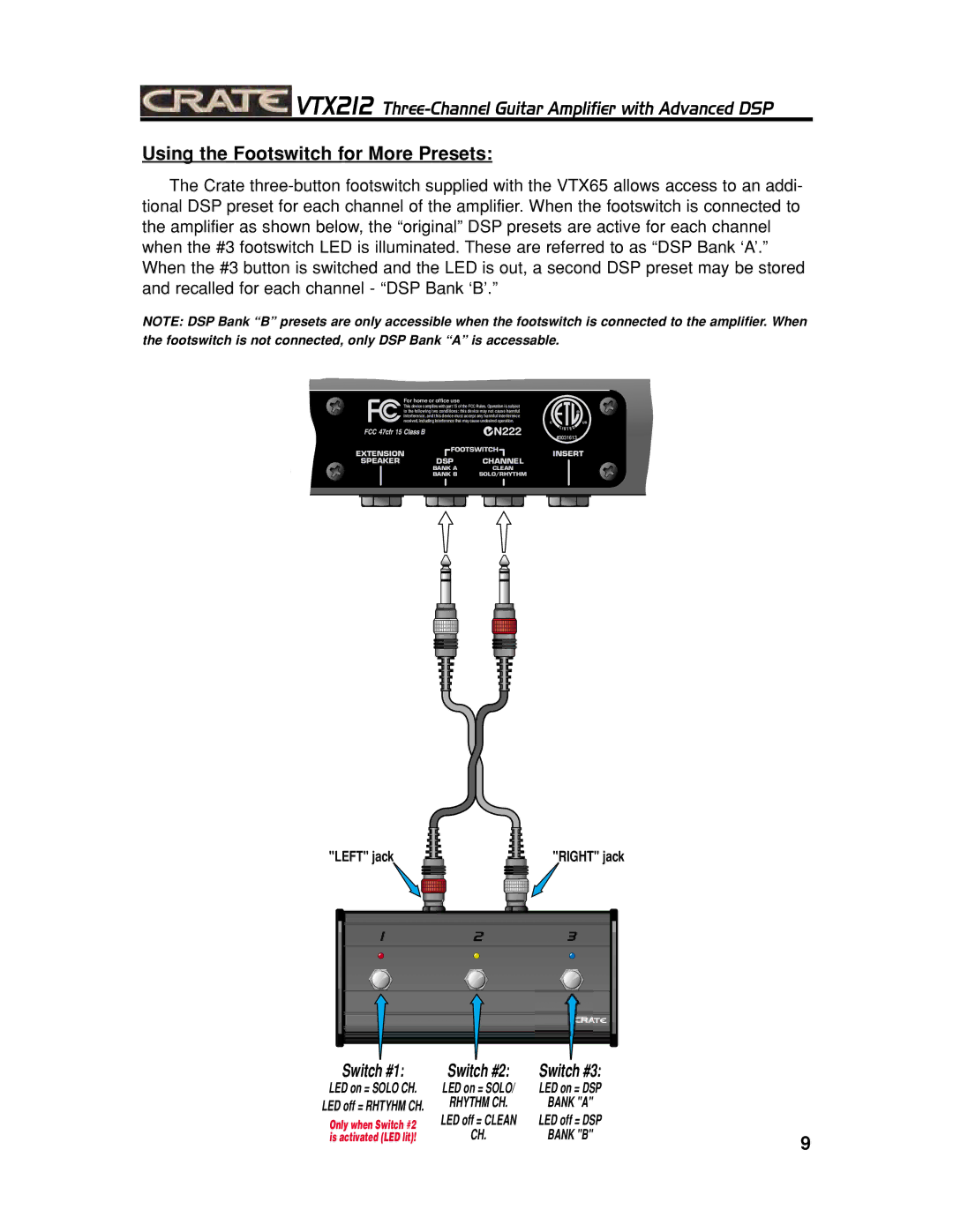 Crate Amplifiers VTX212 manual Using the Footswitch for More Presets, For home or office use 