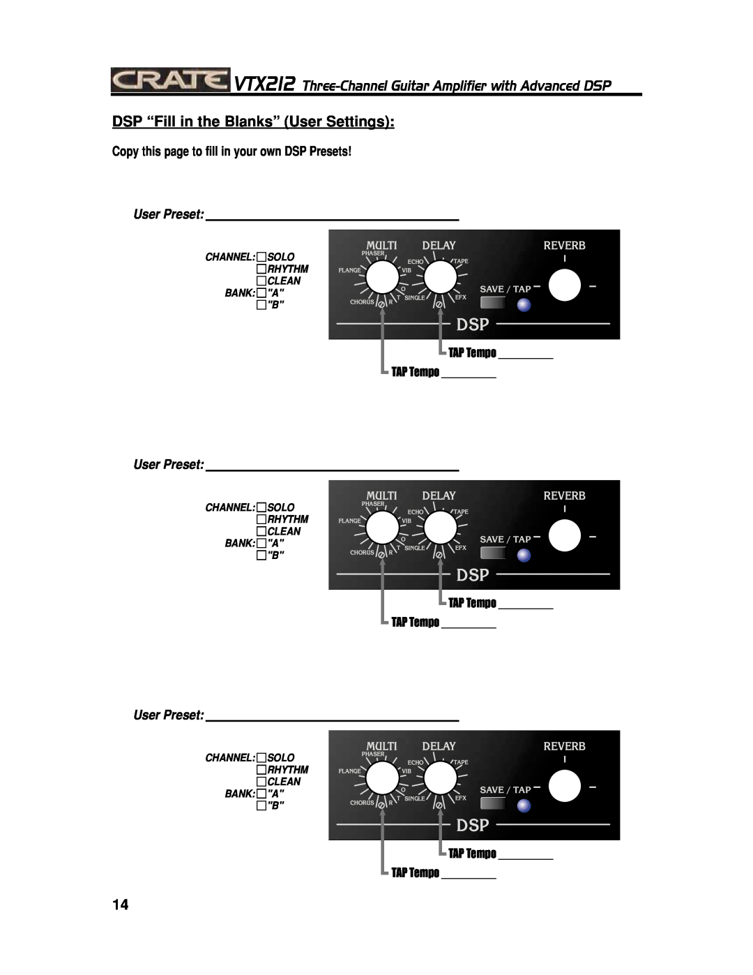 Crate Amplifiers VTX212 DSP “Fill in the Blanks” User Settings, Copy this page to fill in your own DSP Presets, Multi 