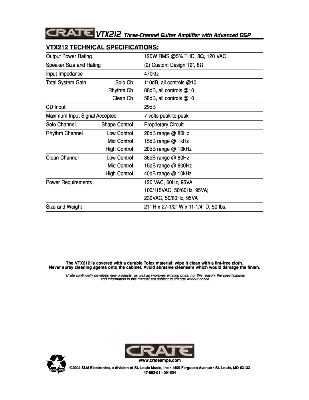 Crate Amplifiers manual VTX212 TECHNICAL SPECIFICATIONS 