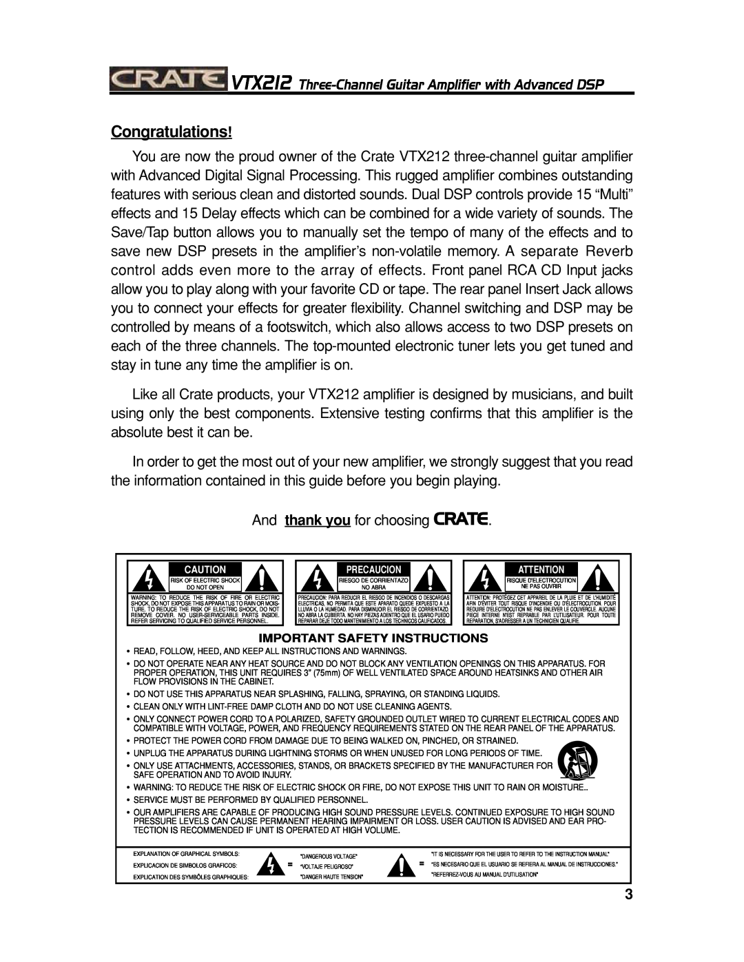 Crate Amplifiers VTX212 manual Congratulations 