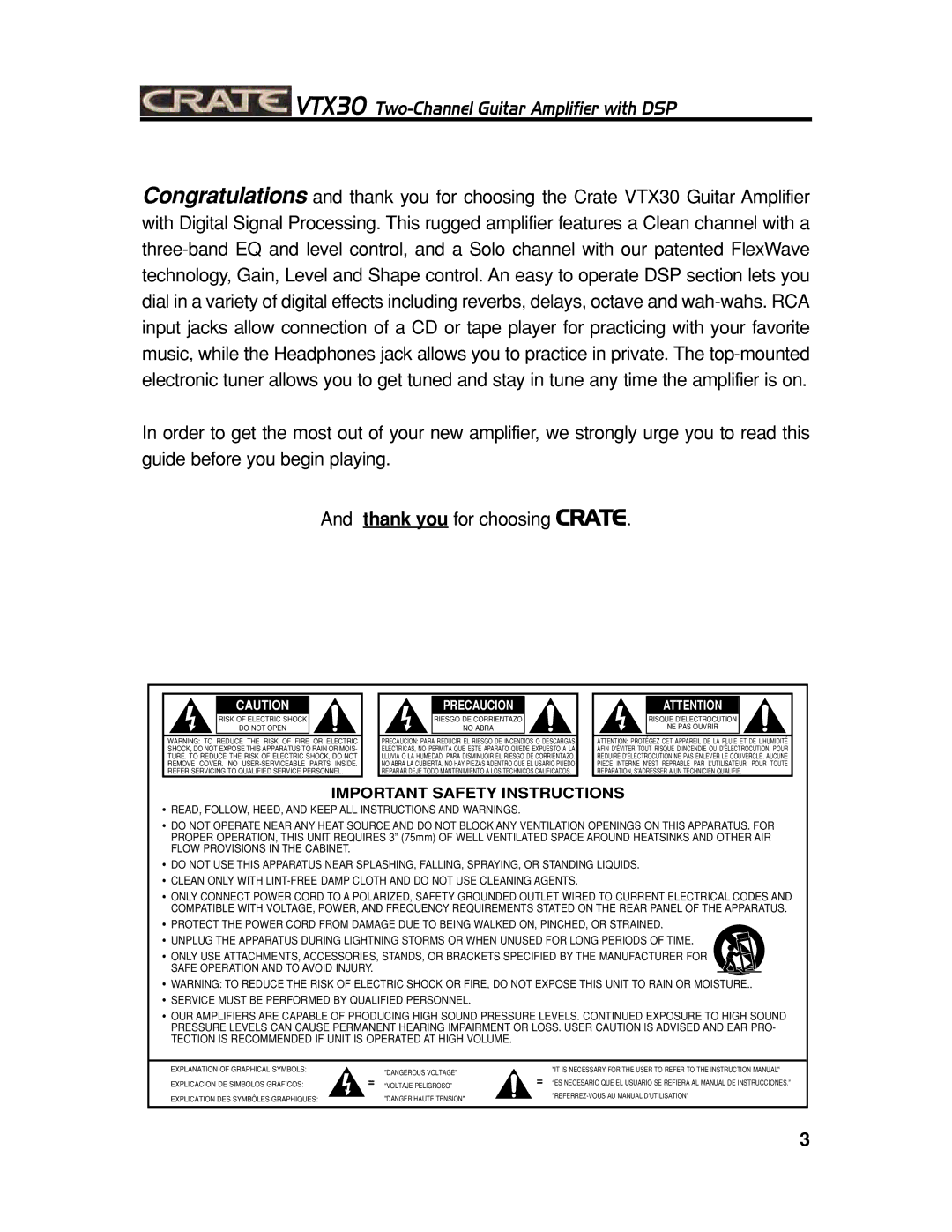 Crate Amplifiers VTX30 manual Important Safety Instructions 